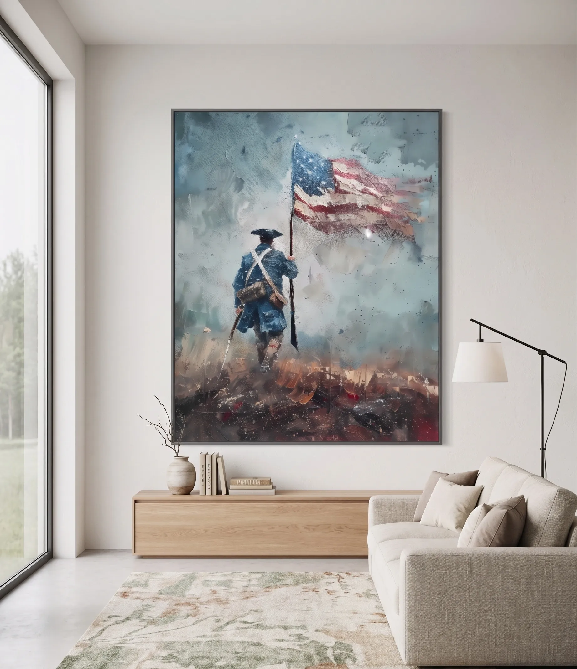 Druck von Soldaten des Unabhängigkeitskriegs mit amerikanischer Flagge – patriotische Wandkunst Druck von patriotischer Wandkunst mit Soldaten des Unabhängigkeitskriegs, der eine amerikanische Flagge trägt
