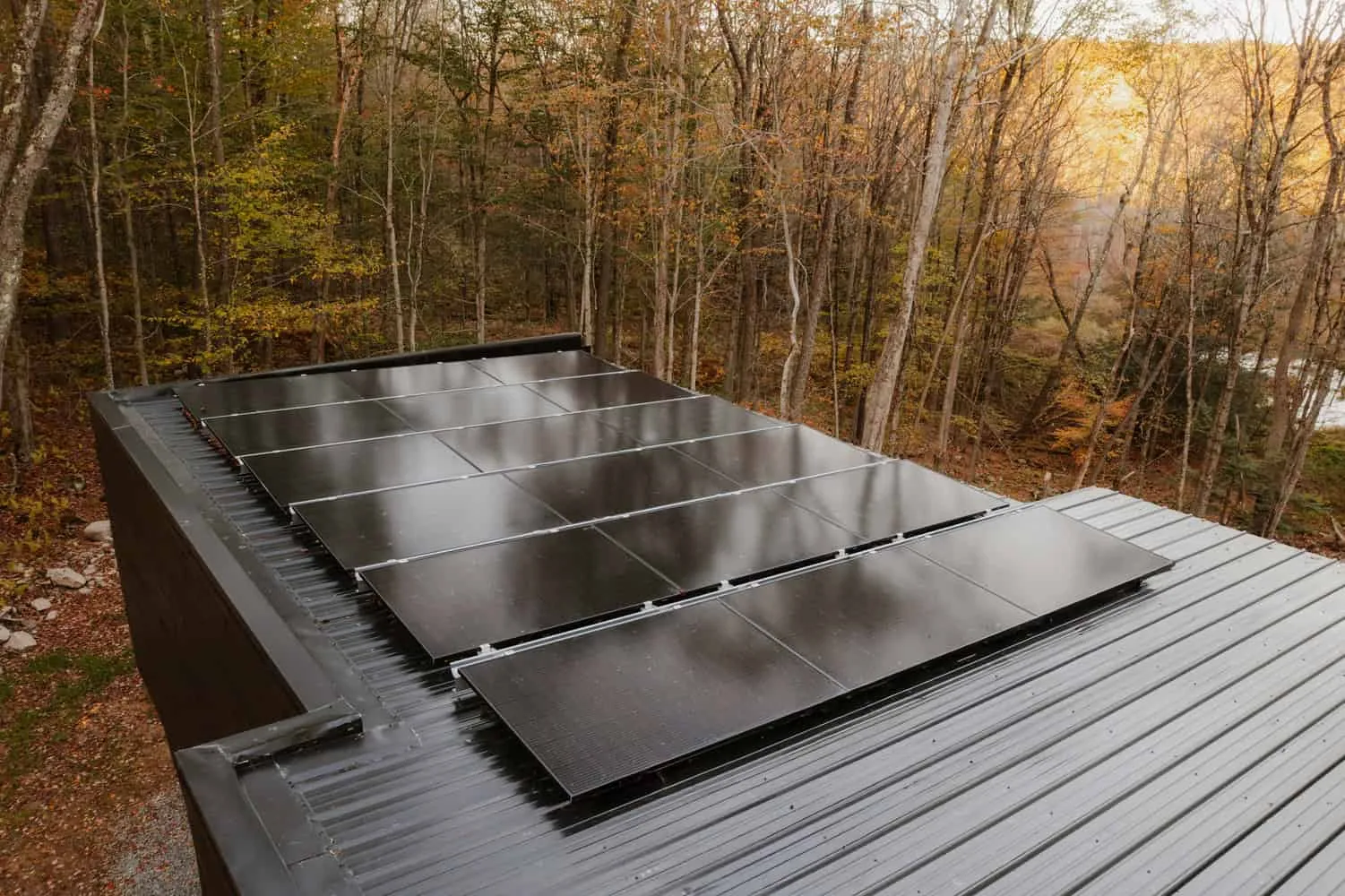 Solarmodule auf dem Dach von Forest Edge House, Entwurf von Marc Thorpe Solarmodule auf dem Dach von Forest Edge House, umgeben vom Wald in New York