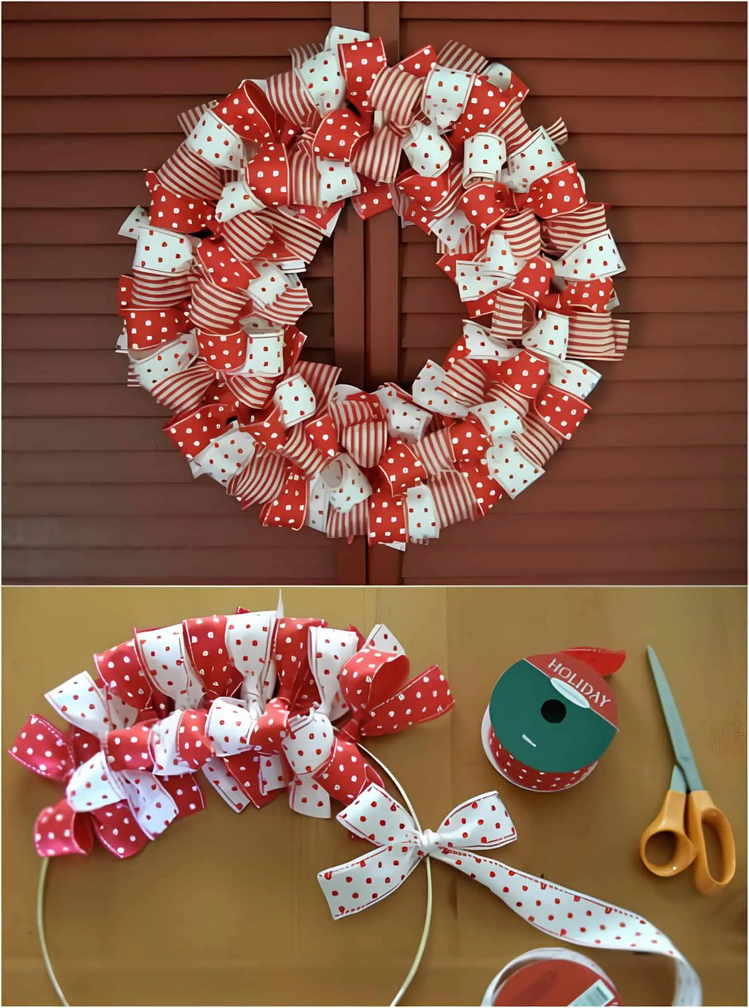 Rote & weiße Polkadot-Bandkrone (DIY) Handgemachte Bandkrone in Rot und Weiß mit Polkadots sowie Schritt-für-Schritt-Ansicht im Bearbeitungsprozess
