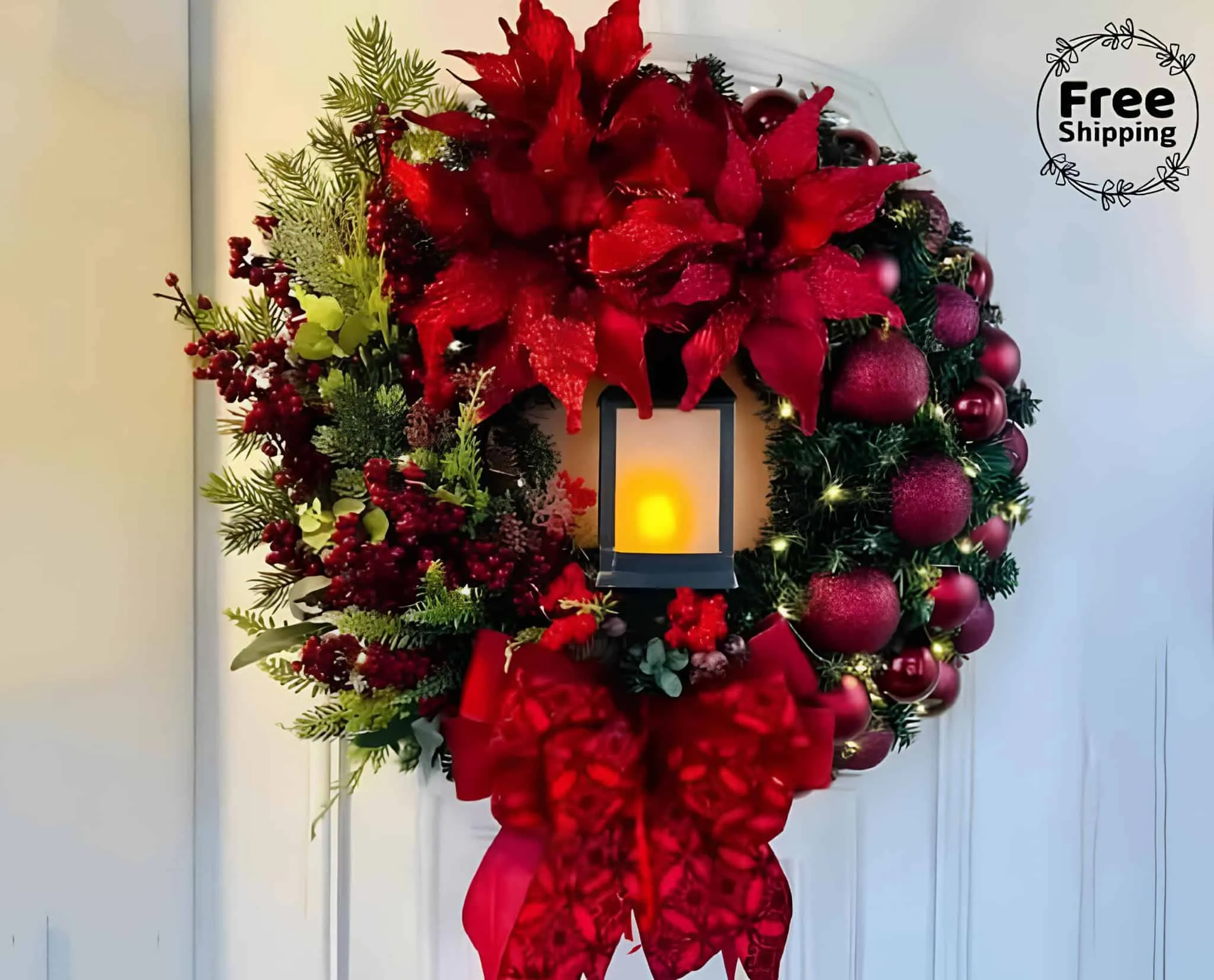 Lit Poinsettia Pine Wreath Weihnachtlicher Kiefernkranz mit Poinsettien und warmen Lichtern