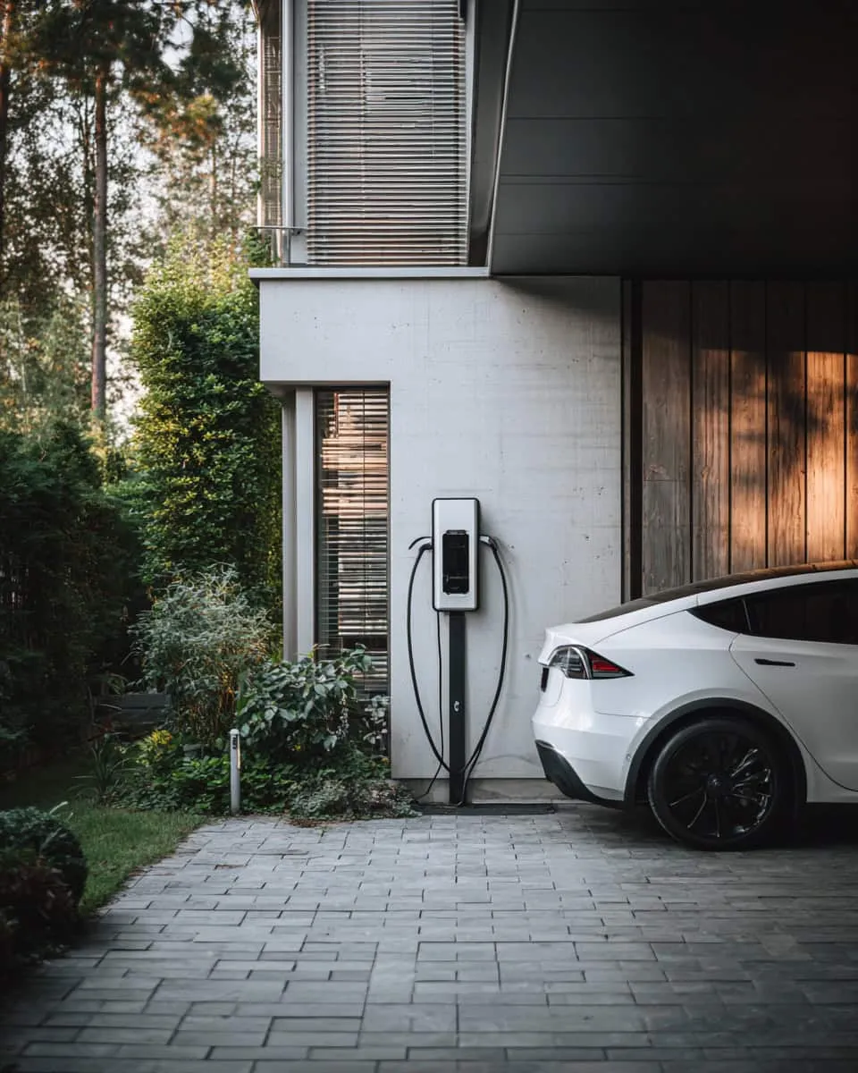 Modernes Heimladegerät für Elektrofahrzeuge mit minimalistischem Betondesign von Architecture Art Designs Ladegerät für Elektrofahrzeuge auf einem minimalistischen Betonfundament mit weißem SUV