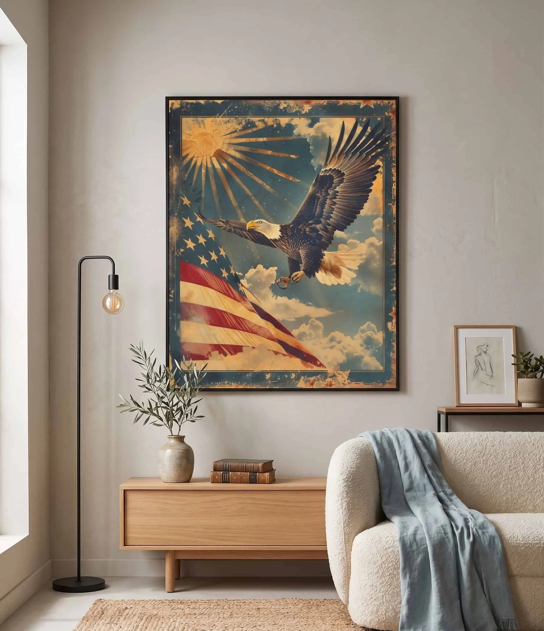 Vintage Bald Eagle American Flag Wall Art für eine patriotische Wohnzimmerdekoration Vintage-Bald-Eagle-Amerikanische-Flaggen-Wandkunst in einem gemütlichen, neutralen Wohnzimmer mit rustikaler, patriotischer Dekoration
