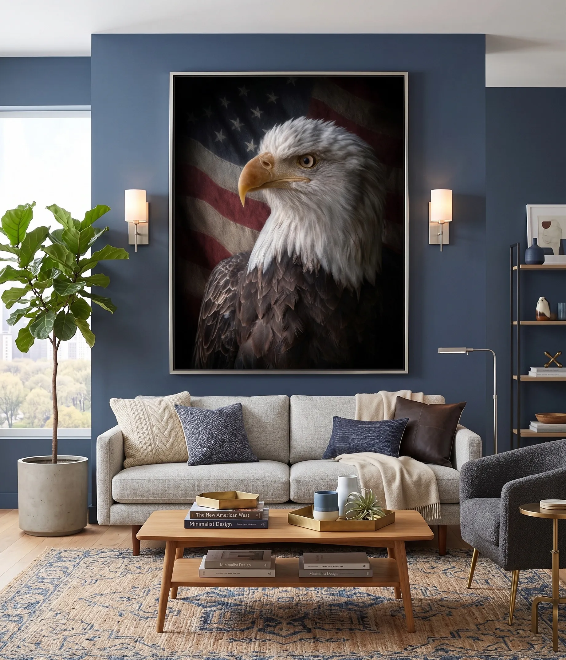 Realistische Wandkunst mit grauem Adler und amerikanischer Flagge für das Wohnzimmer Realistische Wandkunst mit grauem Adler vor einem Hintergrund aus amerikanischer Flagge in einem modernen blauen Wohnzimmer