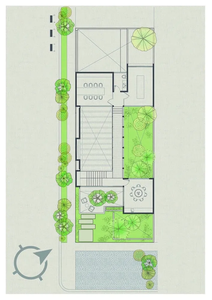 Di Frenna Arquitectos设计的Di Frenna Architects Atelier上层平面图 包含树木、灌木以及户外休息区的精美花园景观设计,打造功能完备的户外生活空间。