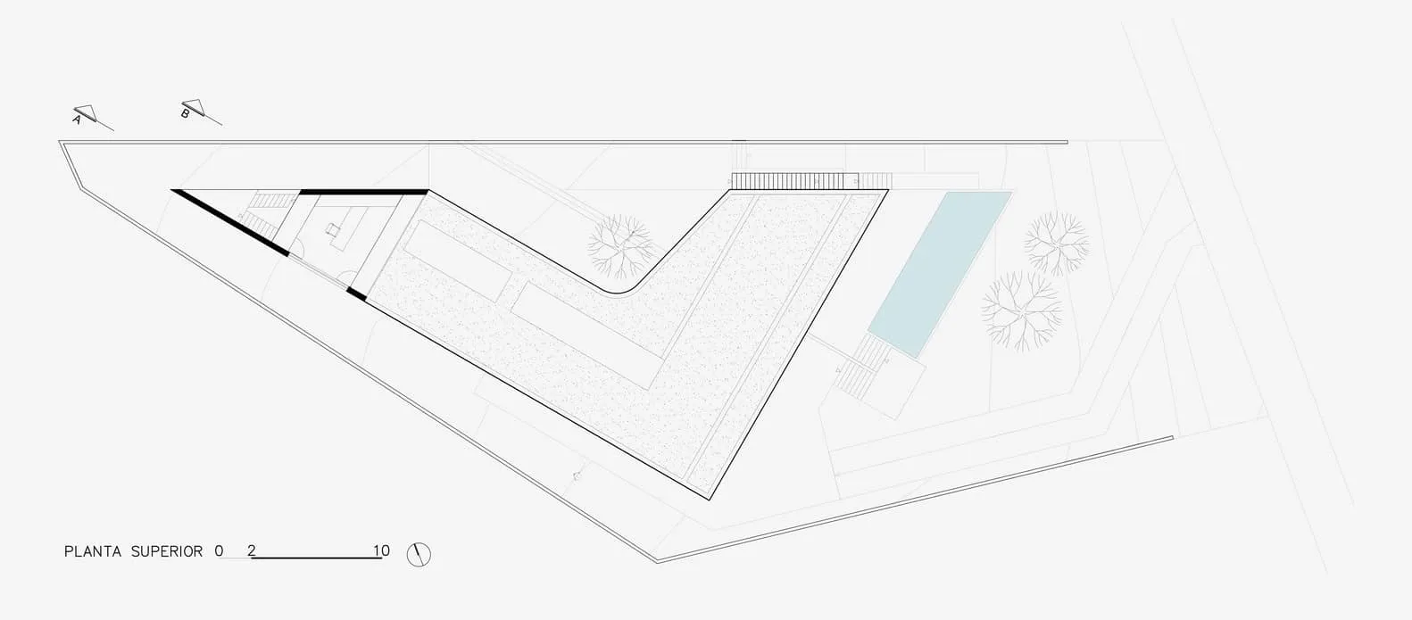 Obere Grundrisszeichnung des Kûara House von Obra Arquitetos Obere Grundrisszeichnung des Kûara House von Obra Arquitetos in São José dos Campos, Brasilien