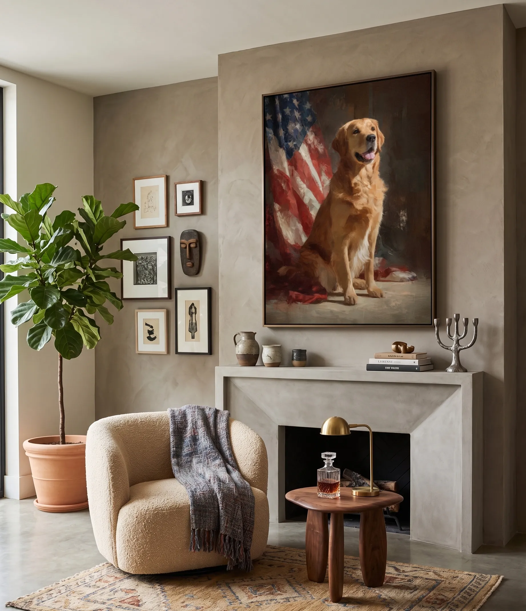 Realistisches Wandbild mit patriotischem Golden Retriever und amerikanischer Flagge Realistisches Wandbild mit Porträt eines Golden Retrievers vor Hintergrund der amerikanischen Flagge
