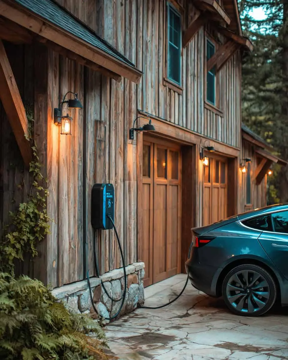 Moderne EV-Heimladestation in einer rustikalen Holzgarage von Architecture Art Designs Moderne EV-Heimladestation in einer rustikalen Holzgarage mit Elektroauto