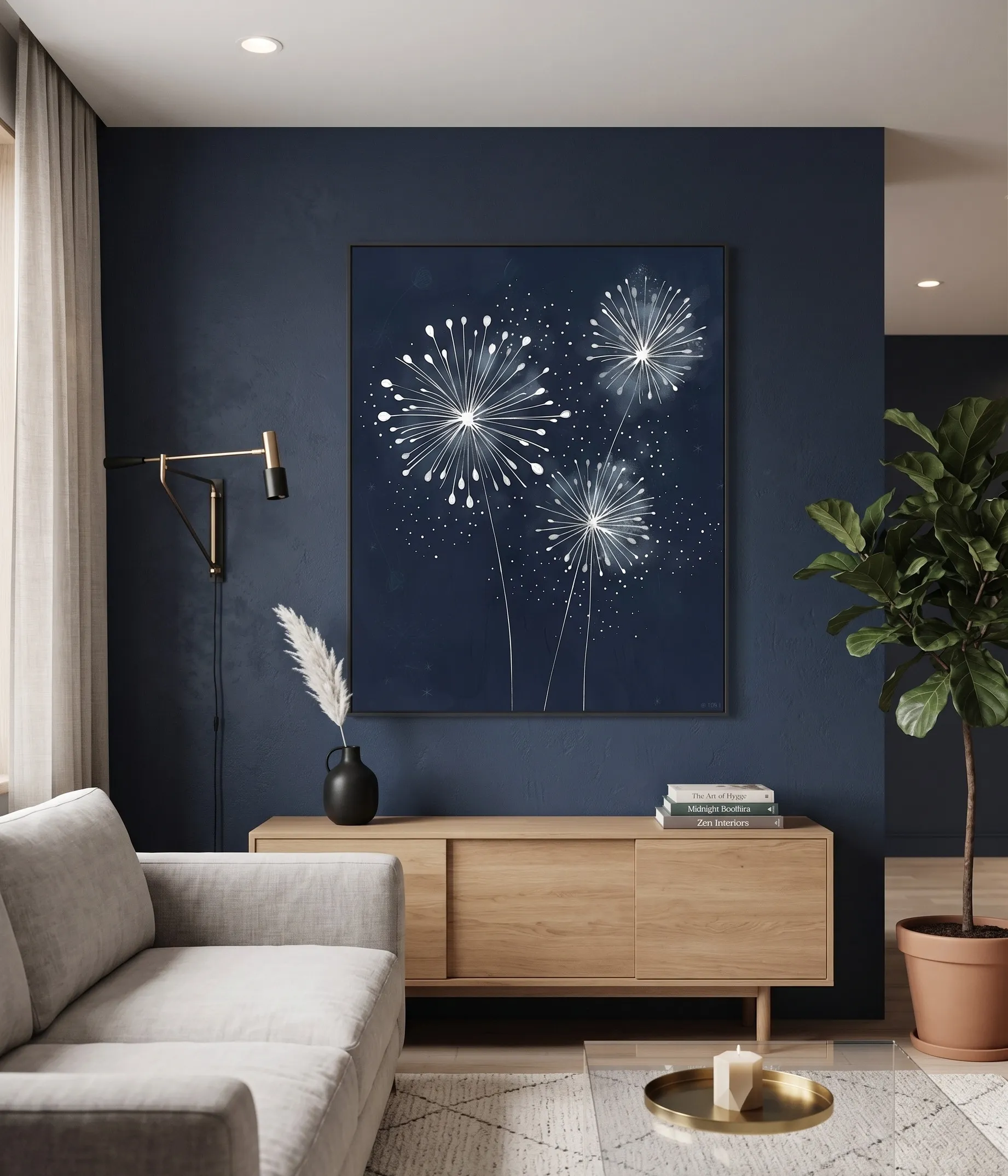 Botanischer Druck mit weißem Löwenzahn für ein Wohnzimmer in Marineblau Druck mit botanischem Motiv eines weißen Löwenzahns in einem modernen Wohnzimmer in Marineblau mit skandinavischer Einrichtung