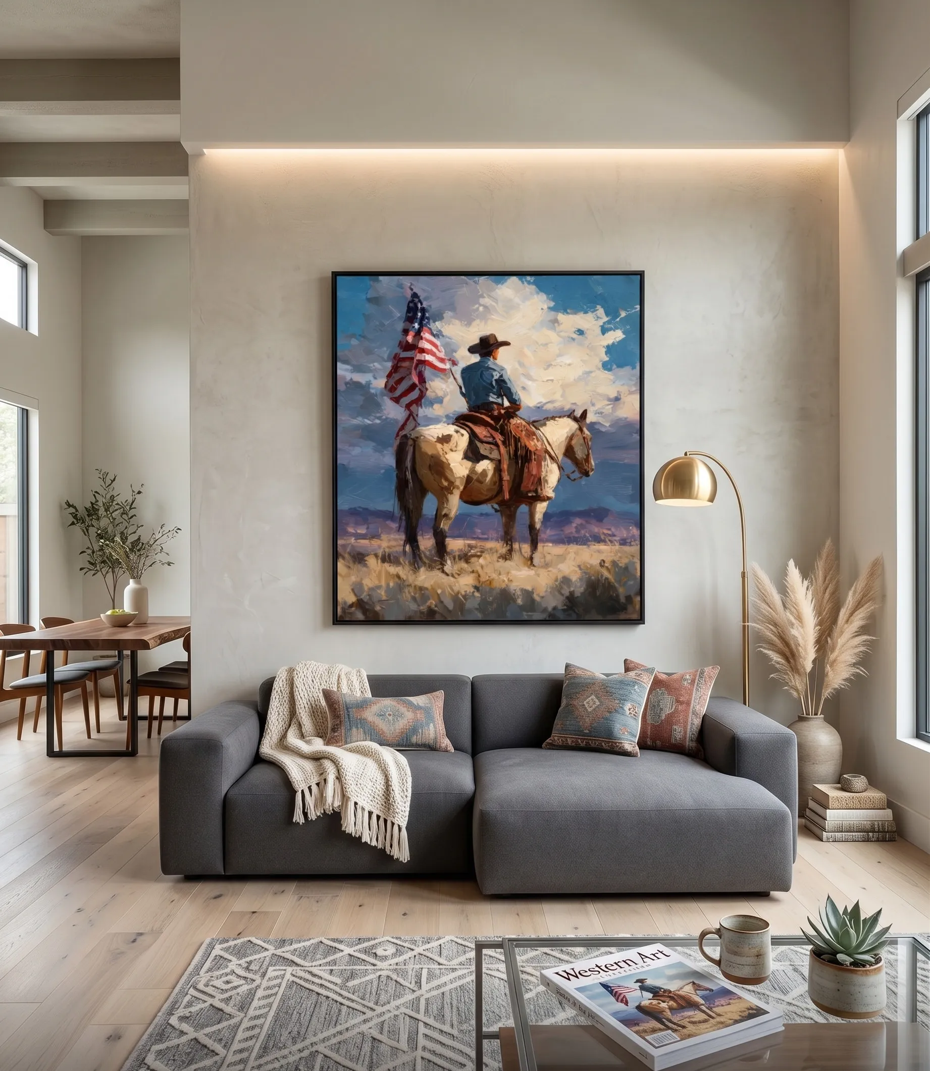Cowboy Horse American Flag Western Wall Art Print Westliche Wandkunst mit Cowboy auf Pferd und amerikanischer Flagge im rustikalen Americana-Stil