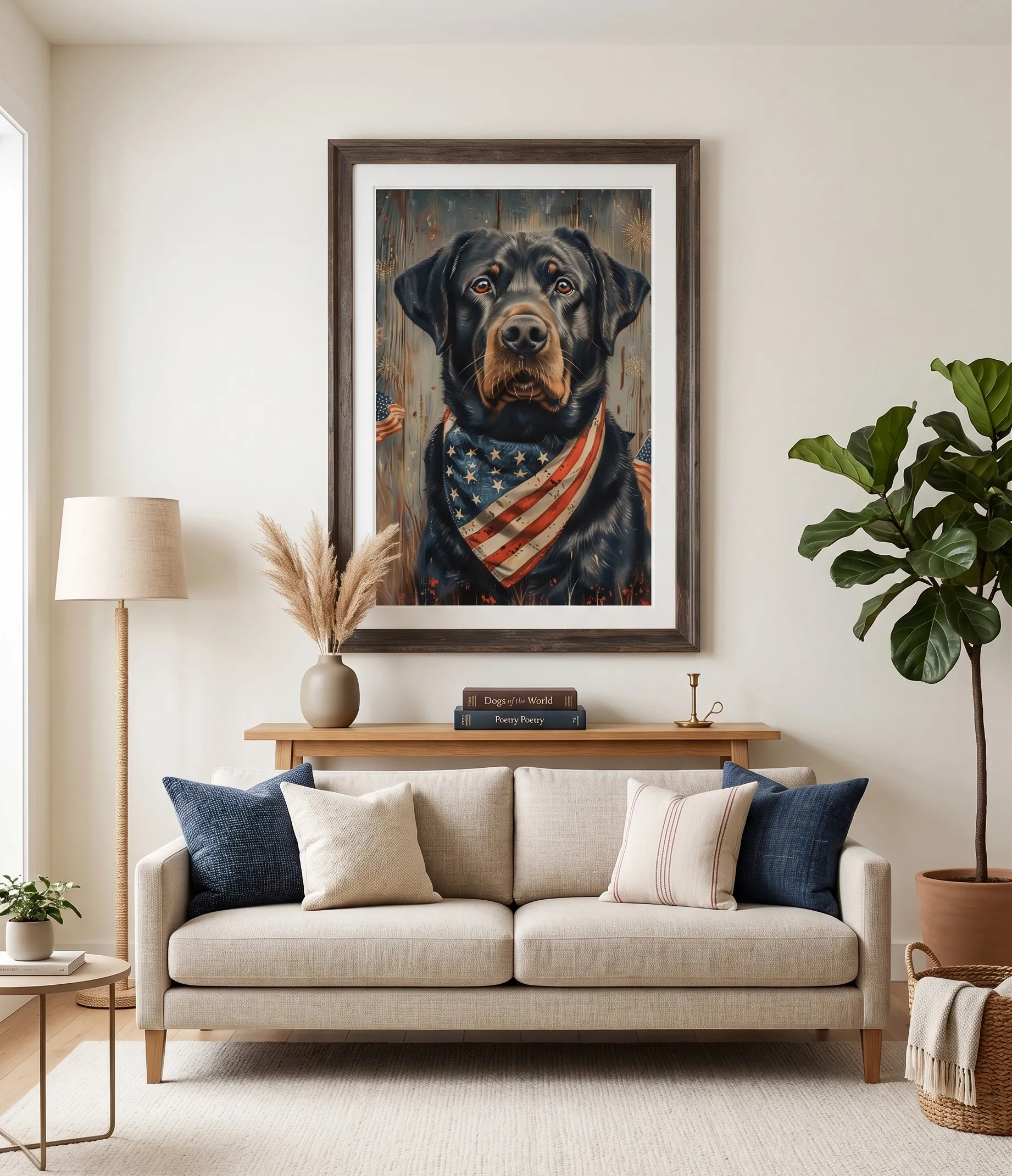 Realistische Wandkunstdruck mit Rottweiler im patriotischen Hundendekor-Stil Realistischer Wandkunstdruck mit Rottweiler, der eine patriotische amerikanische Flaggen-Bandana, einen rustikalen Hintergrund sowie einen modernen Dekorstil für Hundeliebhaber zeigt