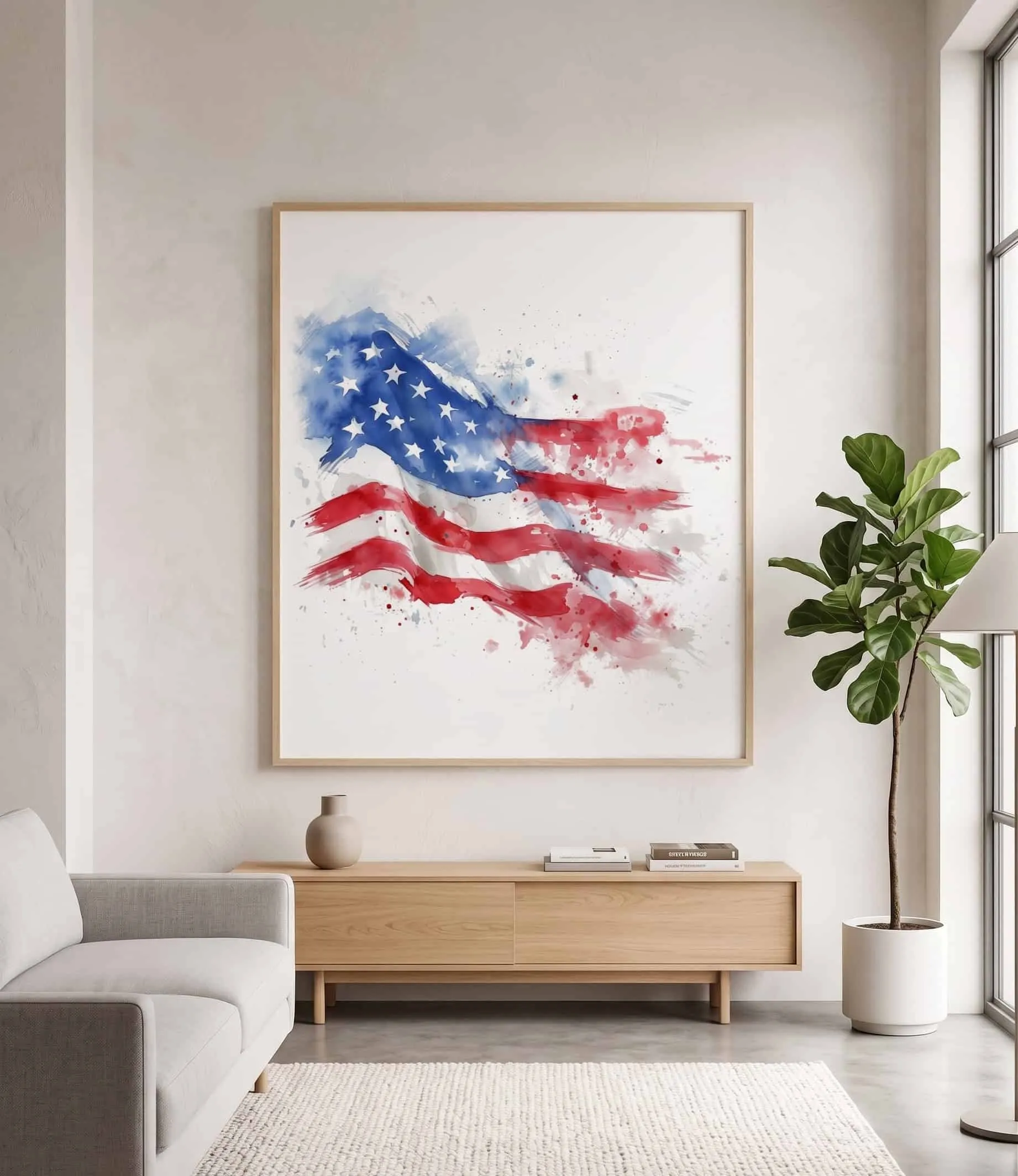 Aquarelldruck der amerikanischen Flagge in Rot und Blau – moderne patriotische Wandkunst Aquarellwanddruck der amerikanischen Flagge mit roten und blauen abstrakten Pinselstrichen in einem modernen, minimalistischen Wohnzimmer