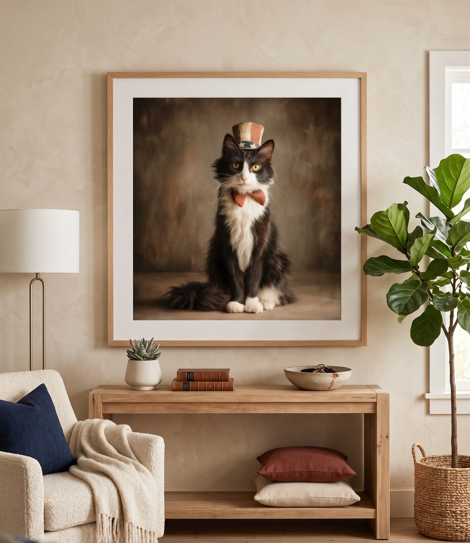 Uncle Sam Cat Vintage Patriotic Wall Art Print Vintage-patriotische Wandkunstdruck mit Porträt einer gekleideten Katze in warmen, rustikalen Tönen