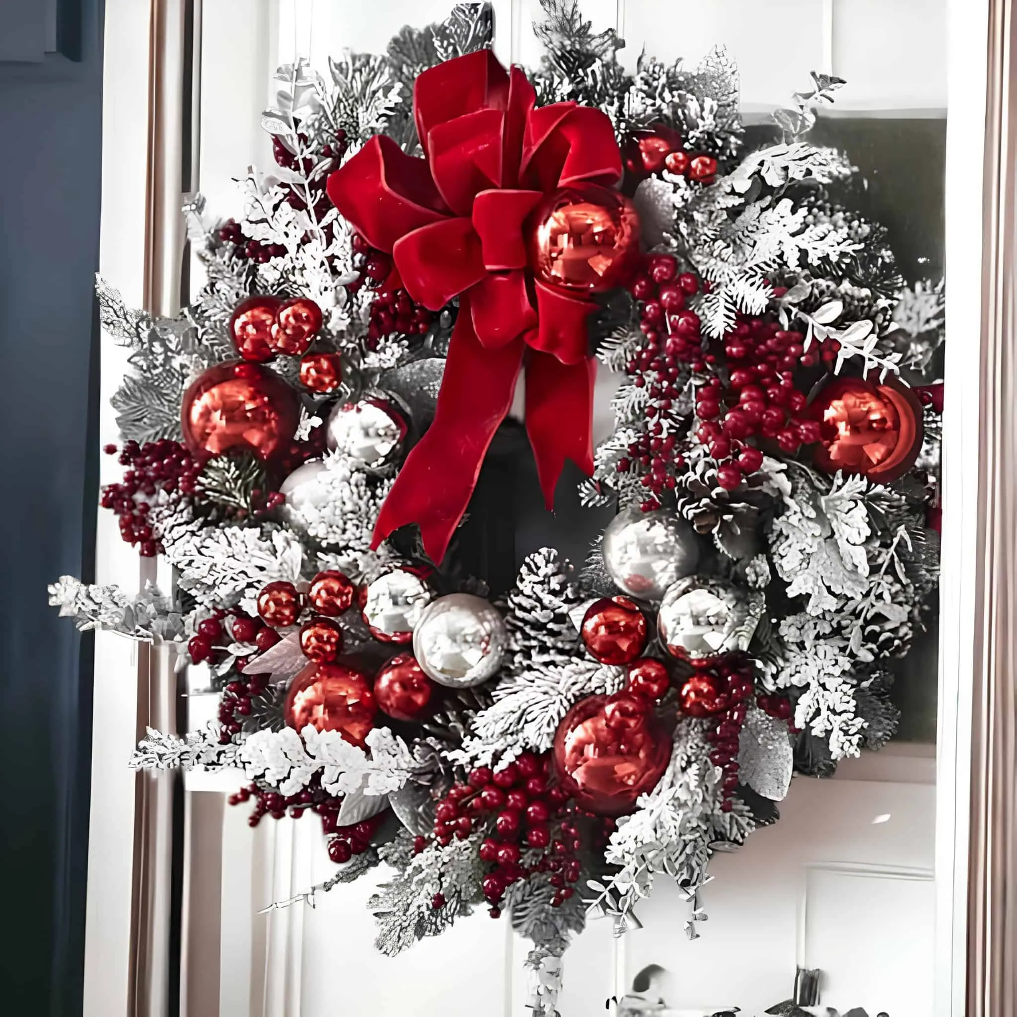Rote und silberne Laternen-Weihnachtskrone Laternenkrone in Rot und Silber mit Schleife, Beeren und gefrorenem Grün