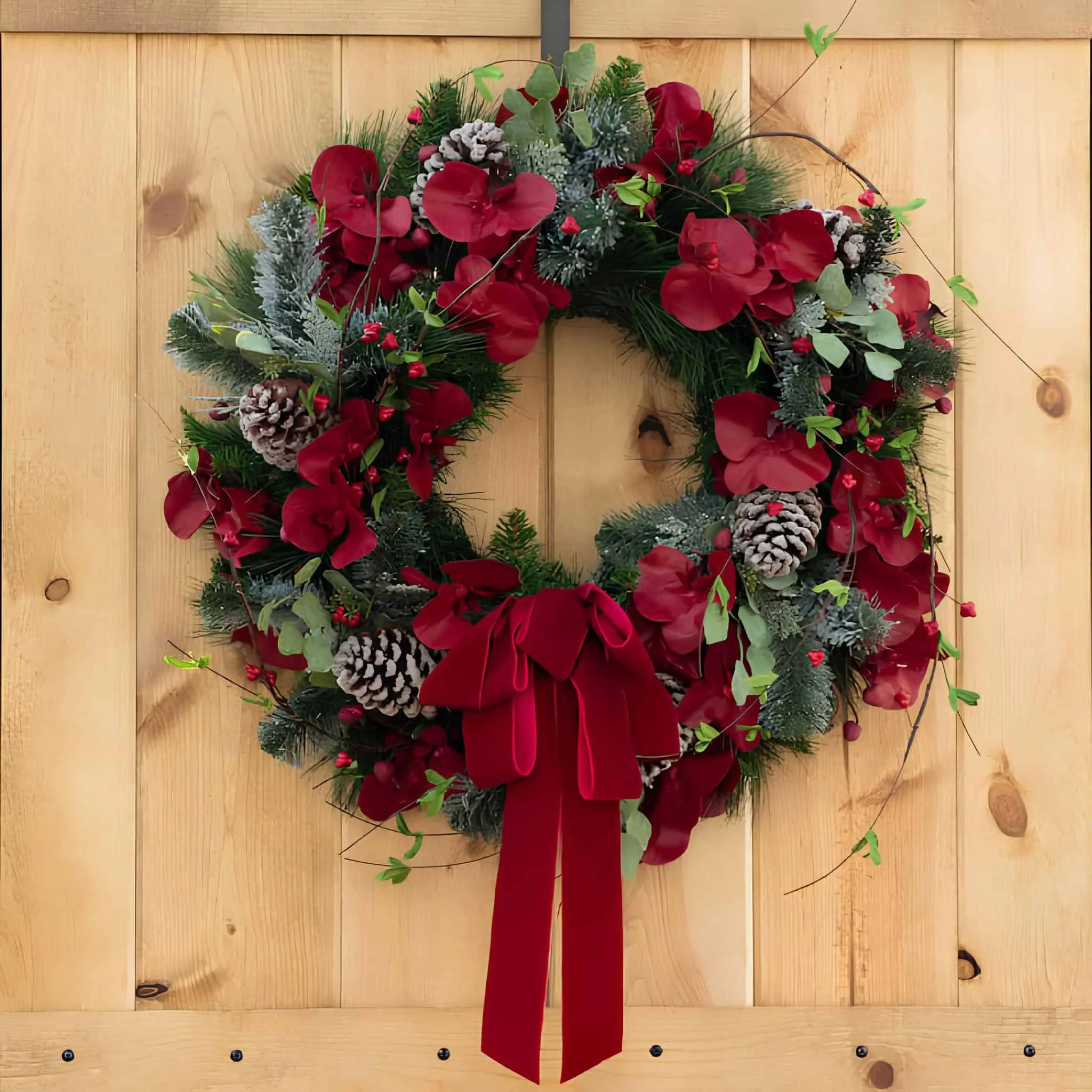 Samtiger Poinsettia-Kiefernkranz mit Kegeln und Bogen Klassischer Kiefernkranz mit samtroten Blumenmotiven, Kiefernzapfen und einem langen Bogen aus Schleife