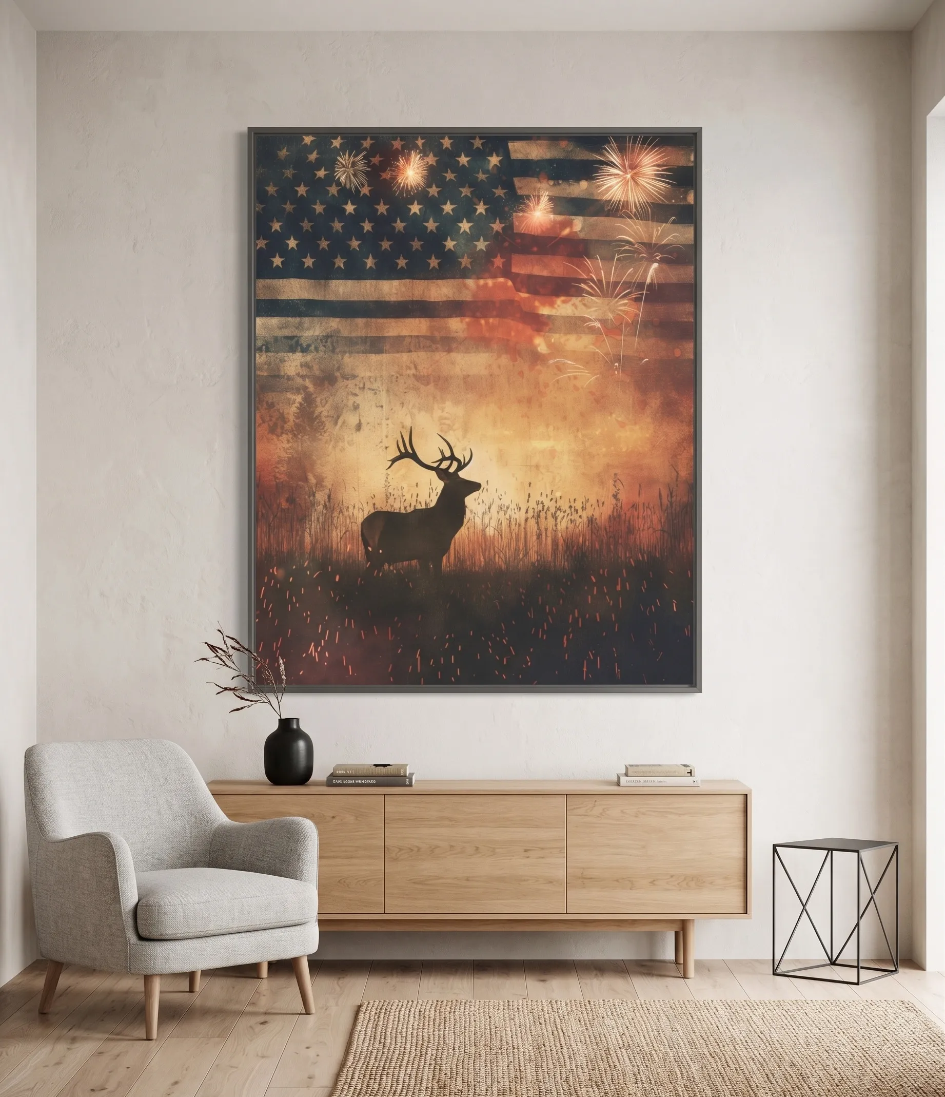 Rustikale Hirschsilhouette-Wandkunst mit amerikanischer Flagge Rustikale Hirschsilhouette-Wandkunst mit amerikanischer Flagge und Feuerwerk in einem warmen, neutralen Wohnzimmer