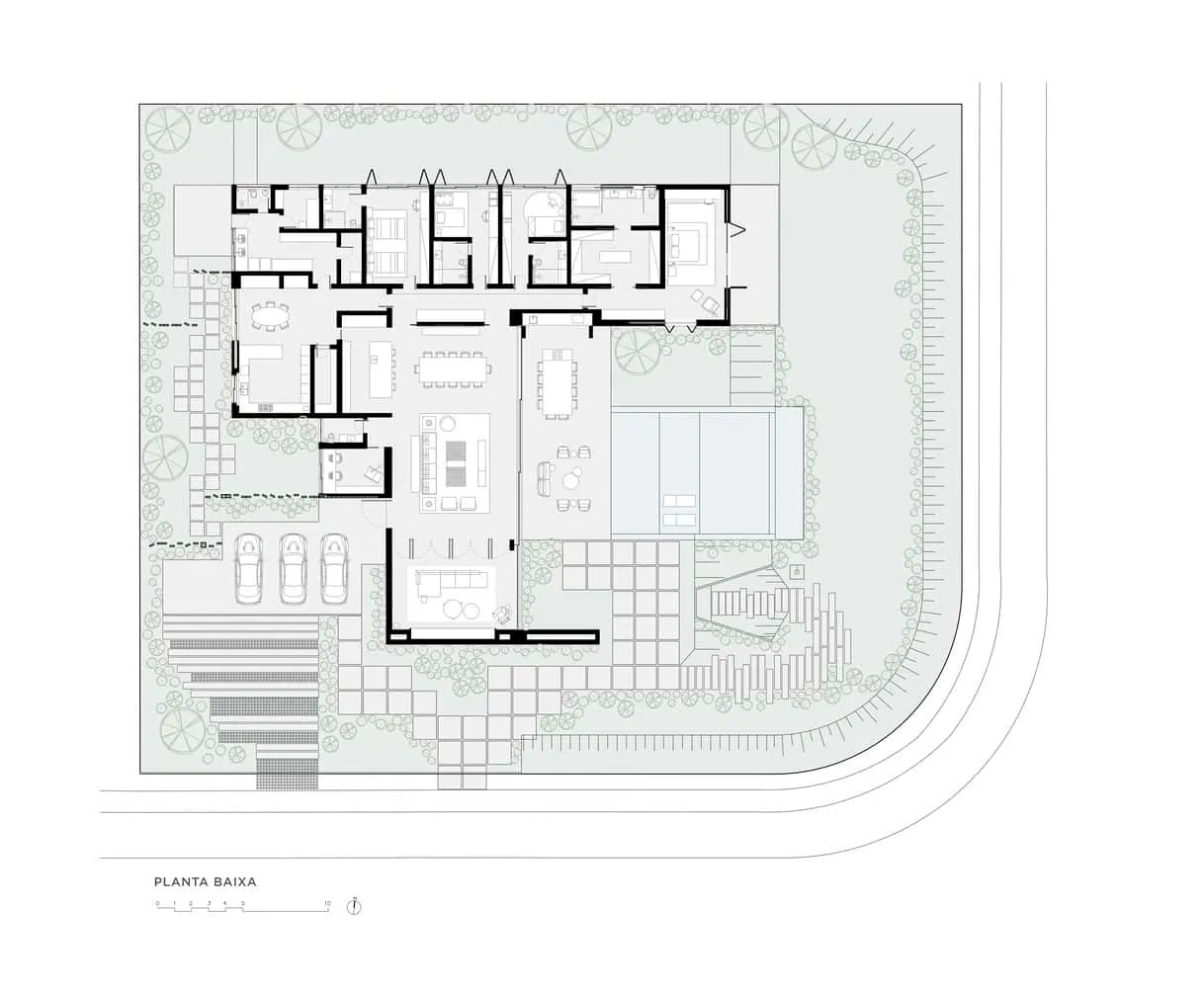 Flachplan des FE House von N2B Arquitetura Architektonischer Flachplan des FE House, entworfen von N2B Arquitetura