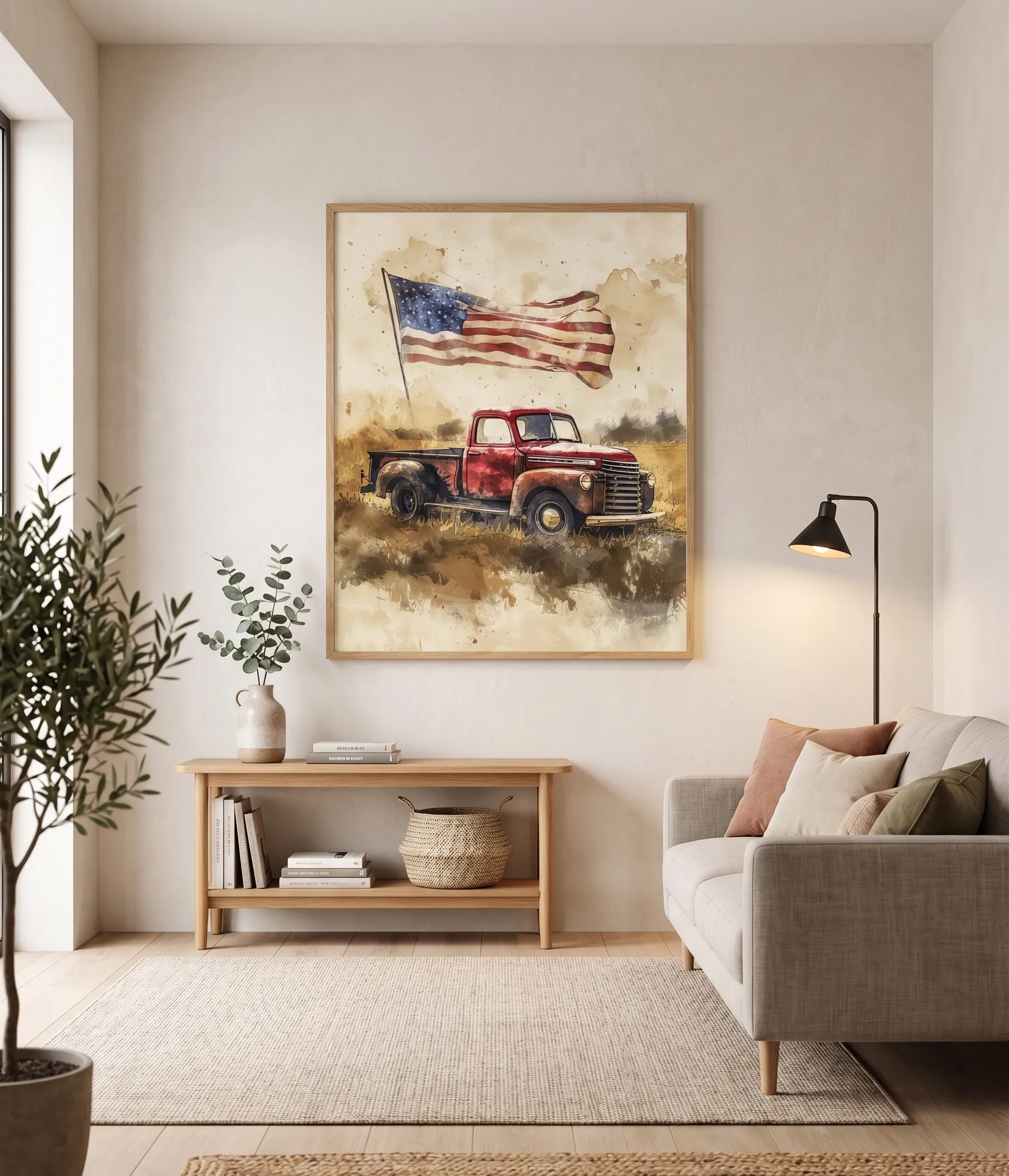 Vintage Red Truck American Flag Print für rustikale Landhaus-Wanddekoration Druck eines vintageroten Lastwagens mit amerikanischer Flagge, der einen rustikalen Pick-up-Truck in einer ländlichen Landschaft im patriotischen Americana-Stil zeigt