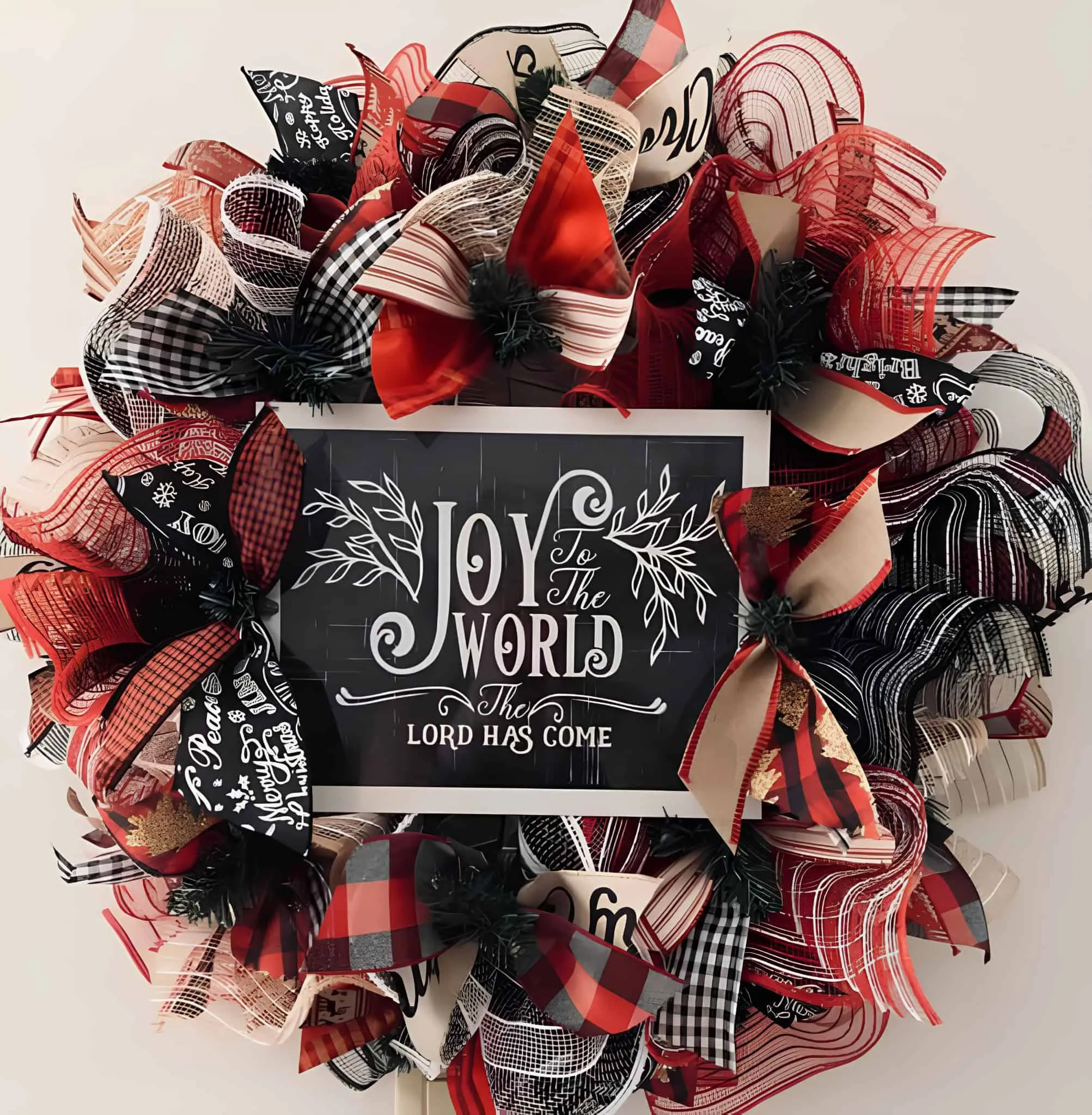 „Joy to the World“-Kranz aus Buffalo-Plaid-Band Kranz aus Buffalo-Plaid-Band mit der Aufschrift Joy to the World in Schwarz und Rot