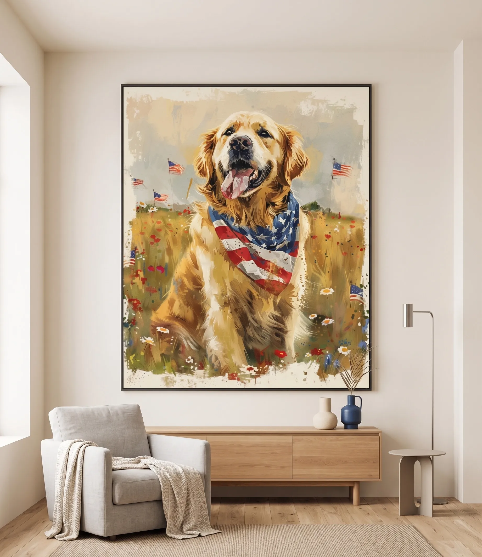 Golden Retriever Patriotische Wandkunst mit amerikanischer Flagge Wandkunst mit Golden Retriever und patriotischer amerikanischer Flagge, zeigt einen glücklichen Hund mit Bandana in Form der amerikanischen Flagge in einem warmen, neutralen Innenraum