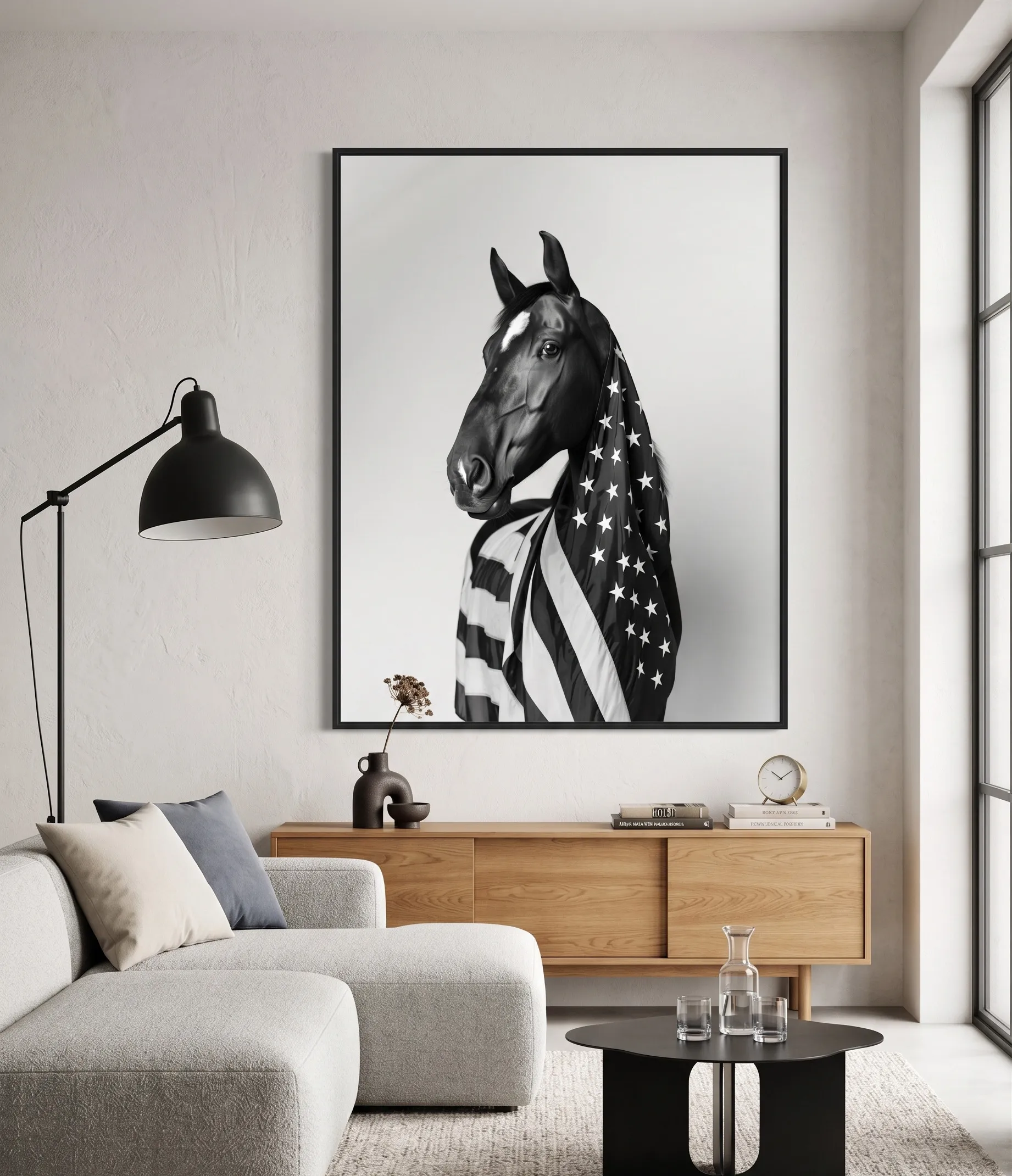 Schwarz-Weiß Pferdeaufdruck – Wandkunst mit amerikanischer Flagge Schwarz-weiße Wandkunst mit Pferdeaufdruck und amerikanischer Flagge im modernen patriotischen Stil