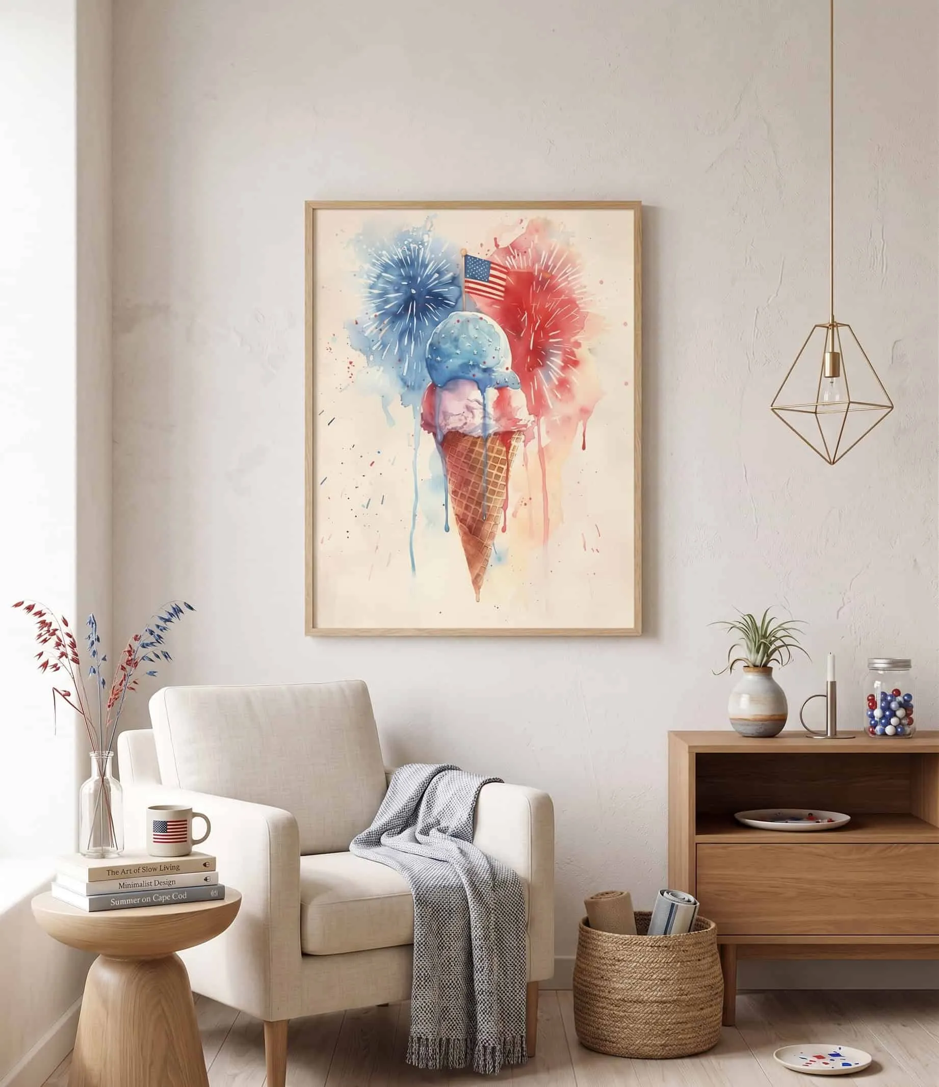 Patriotischer Eiscrememuffin in Aquarell als Wandbild zum 4. Juli Aquarell-Wandbild mit patriotischem Eiscrememuffin, Feuerwerk sowie amerikanischen Farben in Rot, Weiß und Blau