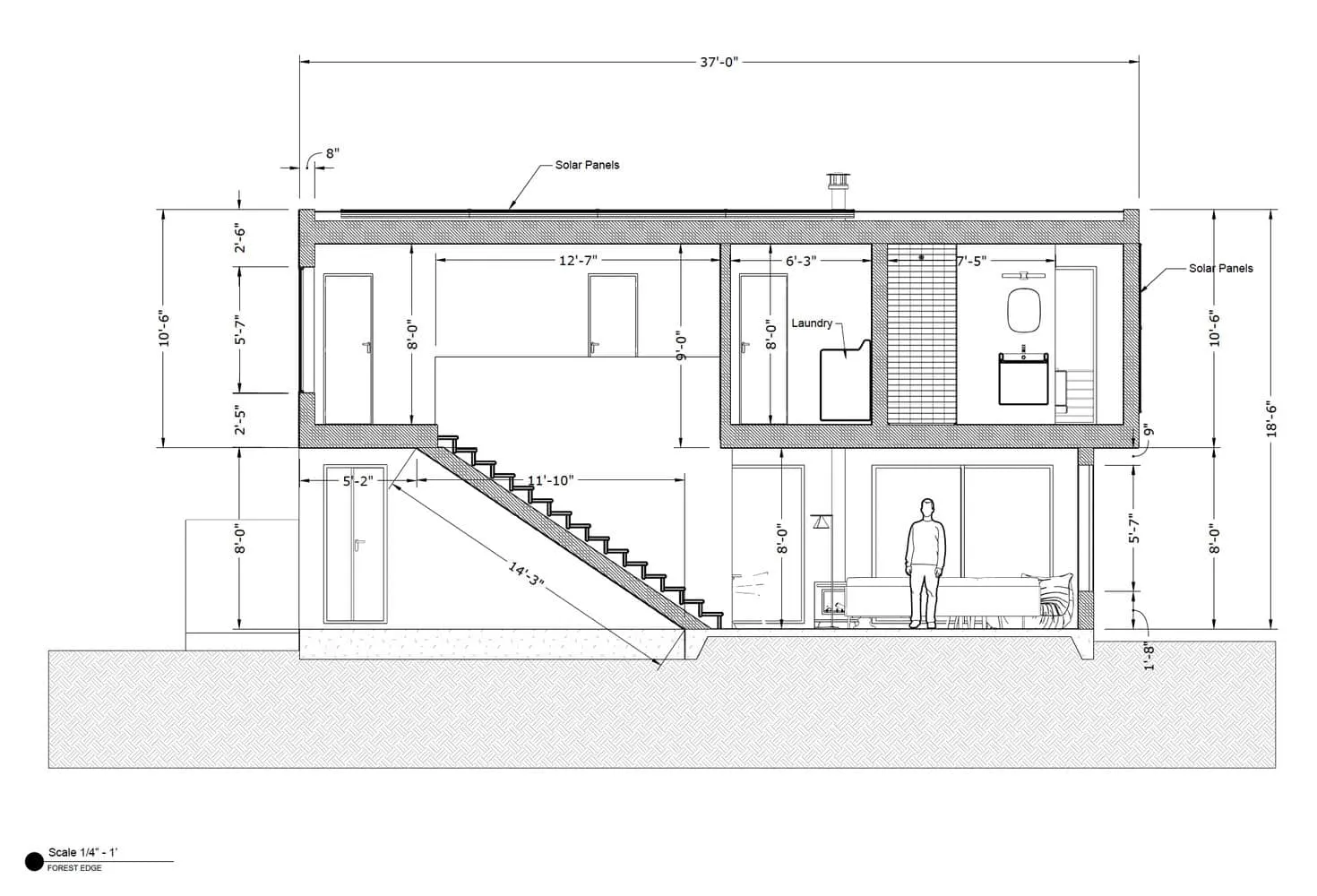 Architektonische Ansicht 3 des Forest Edge House von Marc Thorpe Design Längsschnitt durch das Forest Edge House in New York mit Treppe und Serviceräumen