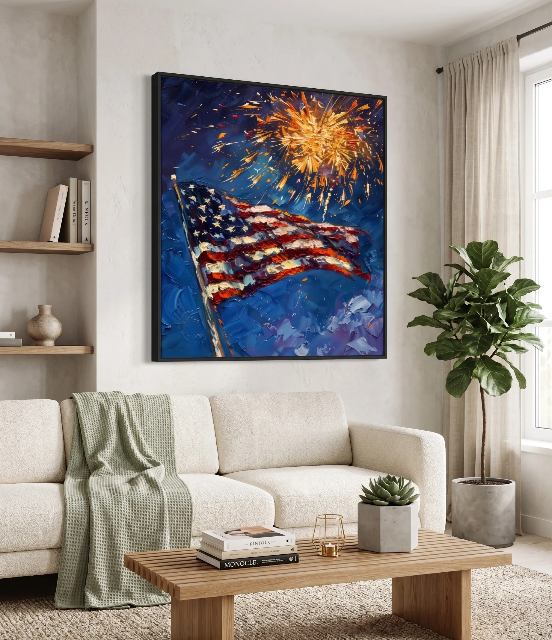 American Flag Fireworks Patriotic Wall Art Print American Flag Patriotic Wall Art Print mit Feuerwerk in einem kräftigen impressionistischen Stil für die Dekoration eines modernen Wohnzimmers