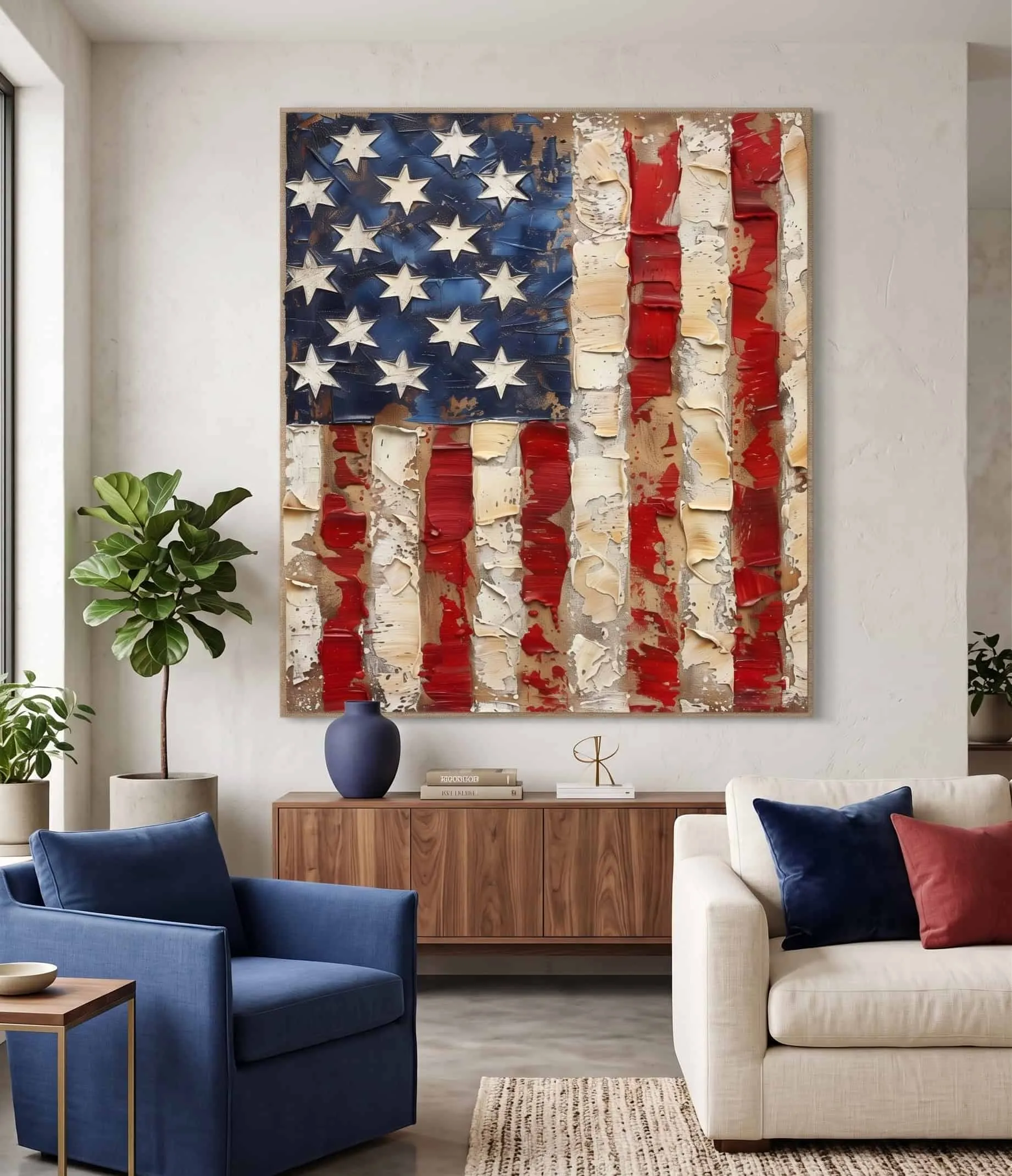 Texturierte abstrakte Wandkunst mit amerikanischer Flagge für moderne patriotische Innenräume Texturierte abstrakte Wandkunst mit amerikanischer Flagge und schichtweisen Farbdetails in einem modernen, patriotischen Wohnzimmer