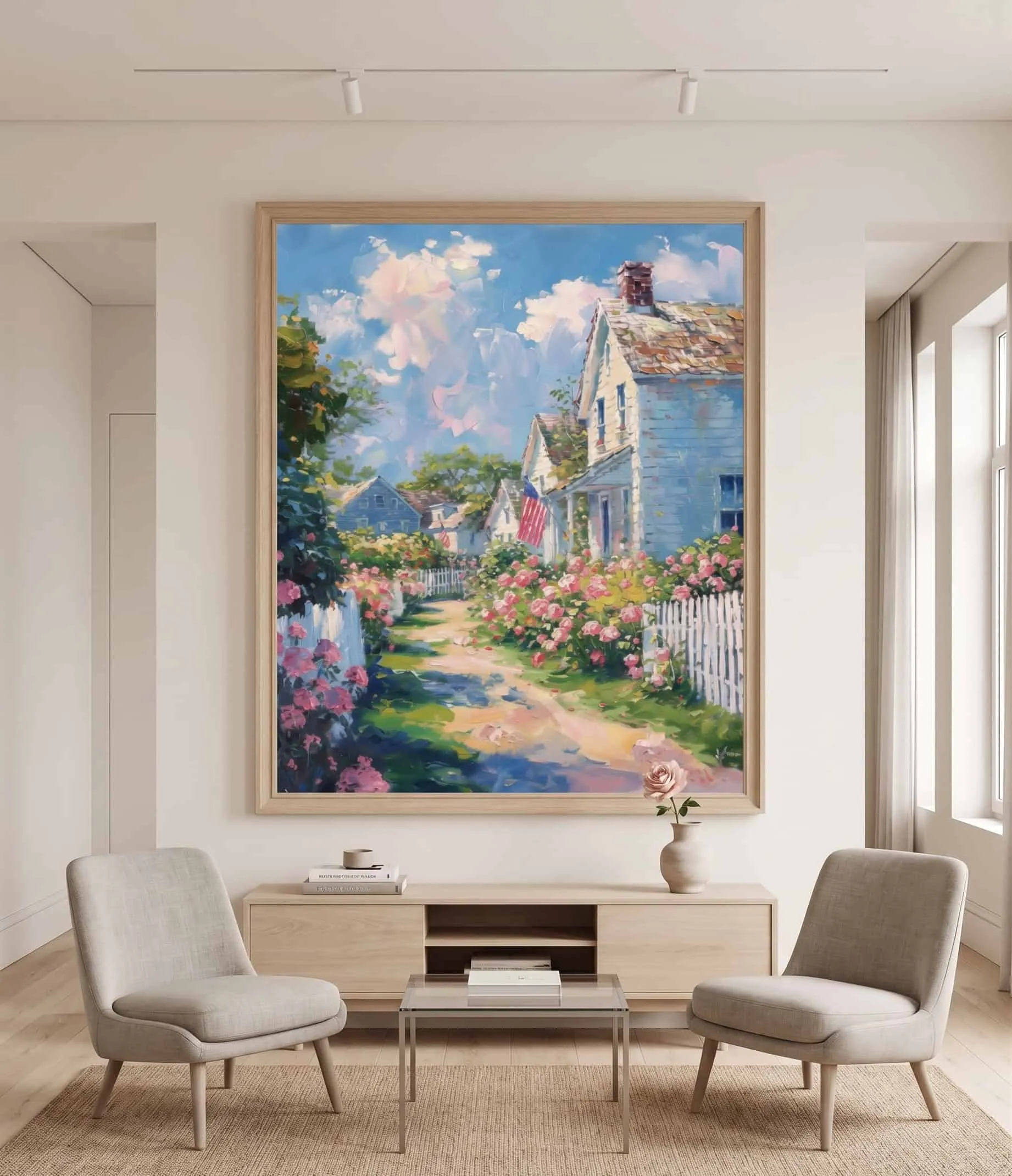 Impressionistisches Motiv einer Landstraße mit blauem Haus und blühendem Garten Impressionistisches Bild einer Landstraße mit blauem Haus, gepflastertem Weg durch einen Blumengarten und ruhiger ländlicher Umgebung