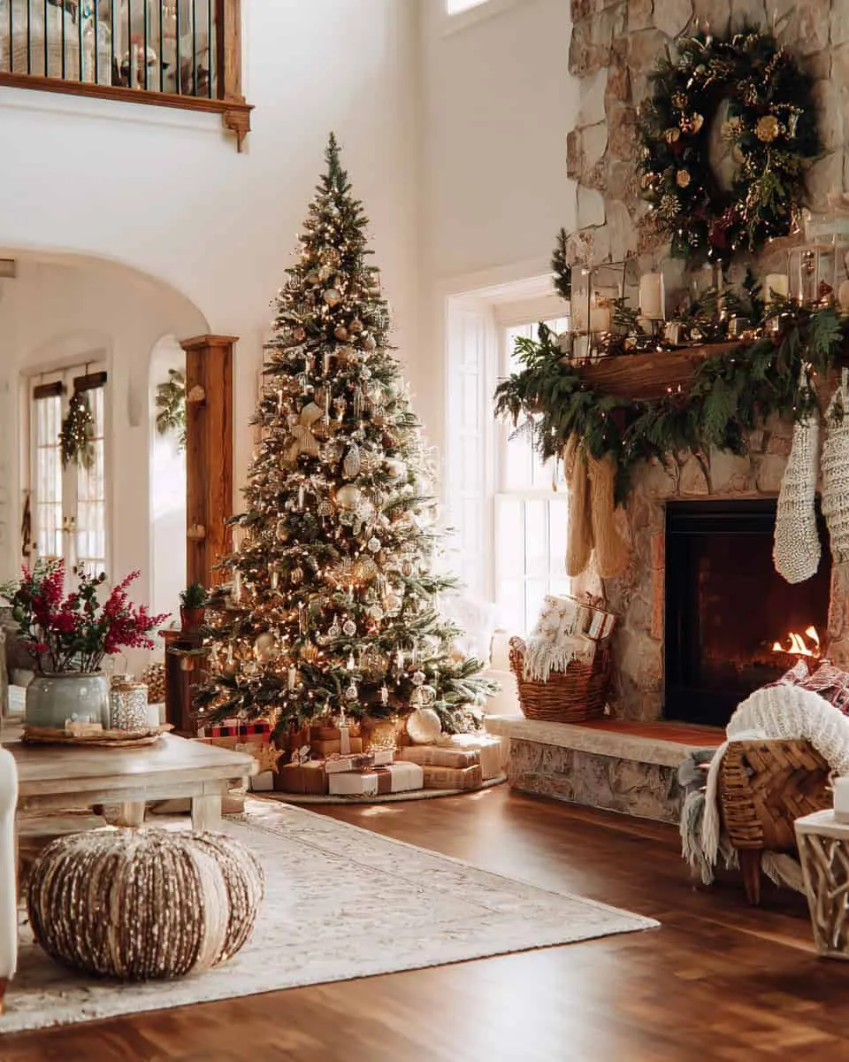 Helles Ferienwohnzimmer mit glamourösem Baum und steinerner Kaminumrandung Helles, luftiges Weihnachtswohnzimmer mit elegantem Baum und dekoriertem steinernen Kaminumrandung