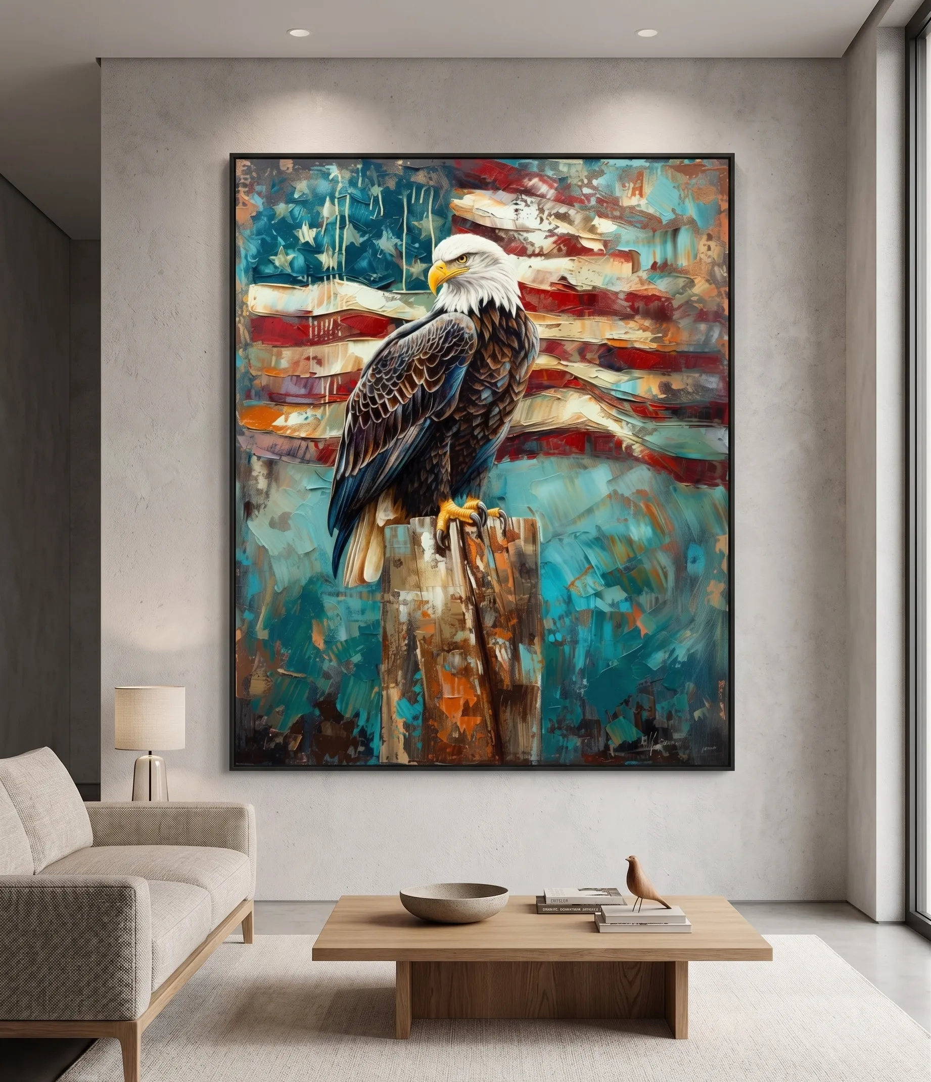 Bald Eagle American Flag Mixed Media Wall Art Print Druck einer Wandkunst mit Adler und farbenfrohem amerikanischem Flaggenhintergrund im patriotischen, zeitgenössischen Stil