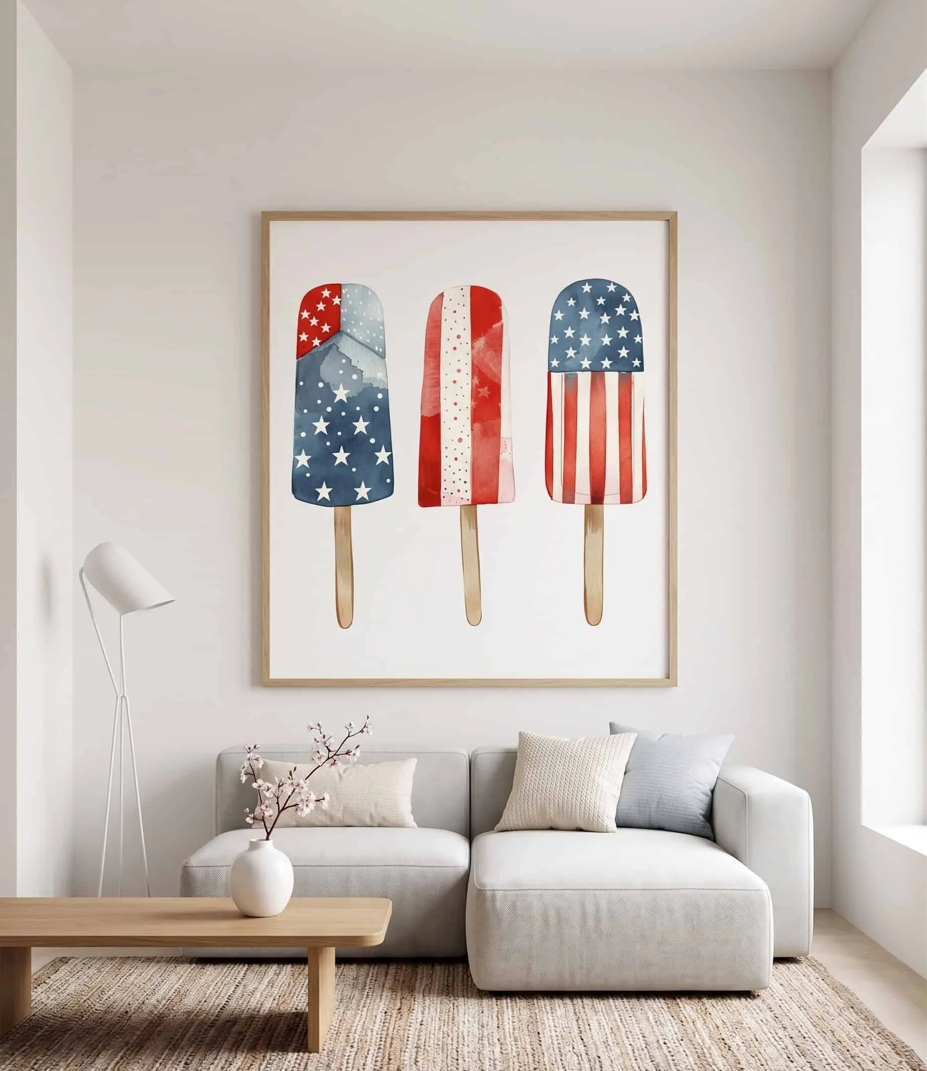Patriotisches Wandschmuck-Druckbild in Form von Eisstäbchen im Wasserfarbenstil in Rot, Weiß und Blau Wasserfarbenmalerisches patriotisches Wandschmuck-Druckbild mit roten, weißen und blauen gefrorenen Desserts in einem minimalistischen modernen Innenraum