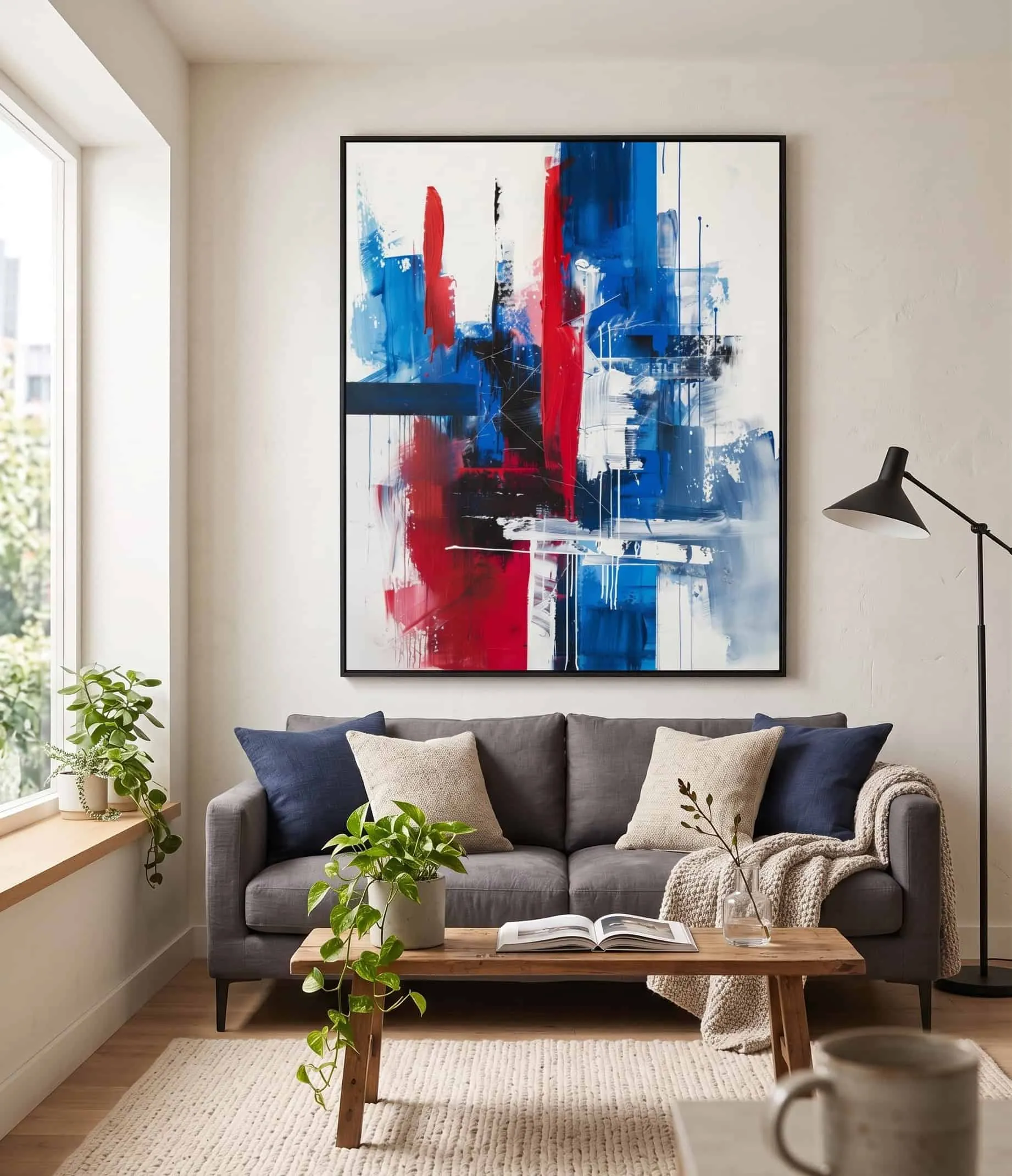 Modernes blaues und rotes abstraktes Wandbild-Druckwerk Modernes blaues und rotes abstraktes Wandbild-Druckwerk mit auffälligen, zeitgenössischen Pinselstrichen in einem stilvollen Wohnzimmer
