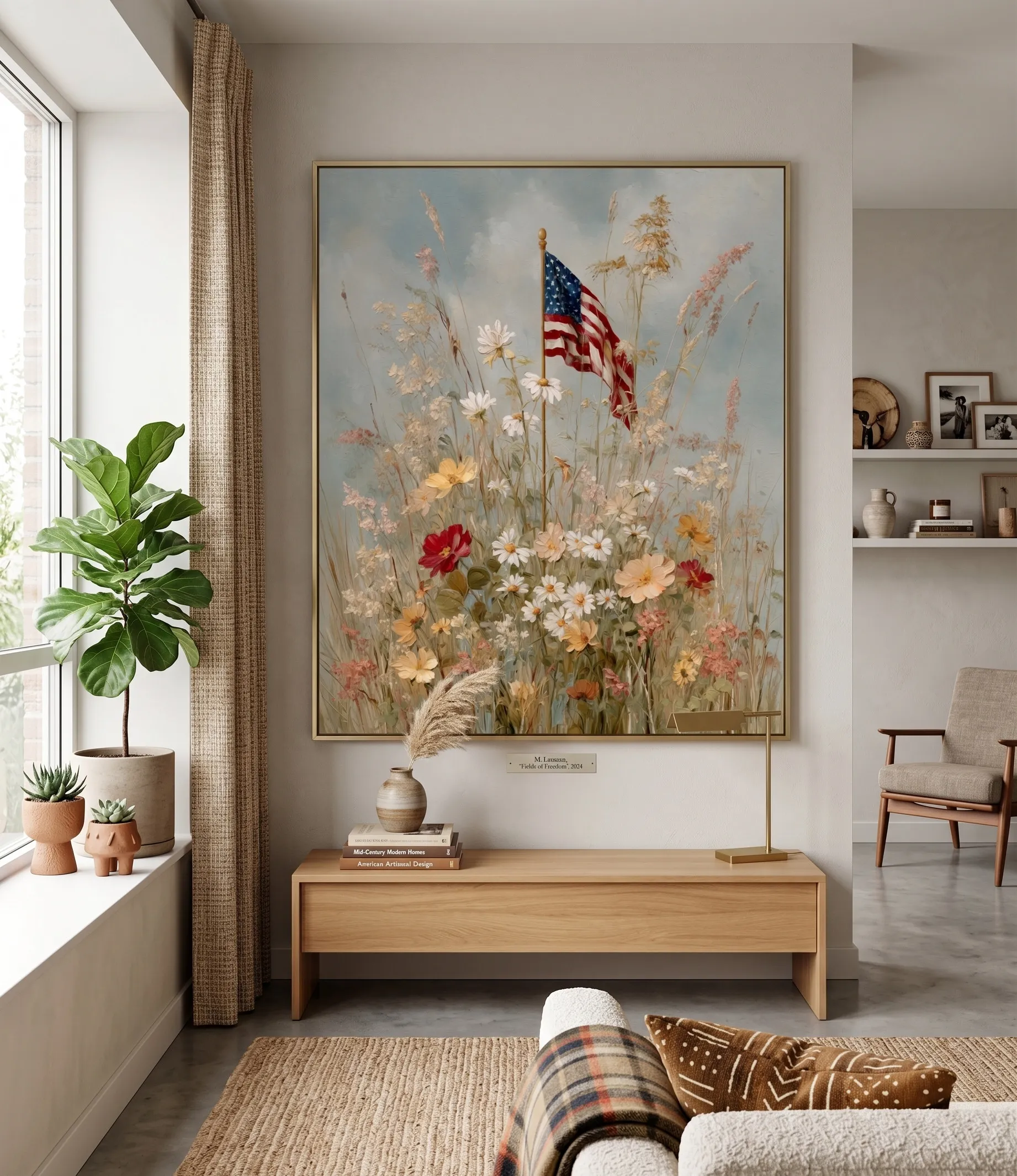 Druck mit amerikanischer Flagge und Wildblumen für rustikale, patriotische Blumendekorationen Rustikale Wandkunst mit amerikanischer Flagge und Wildblumen, geprägt von sanften Wiesenblumen sowie patriotischer Landhausdekoration