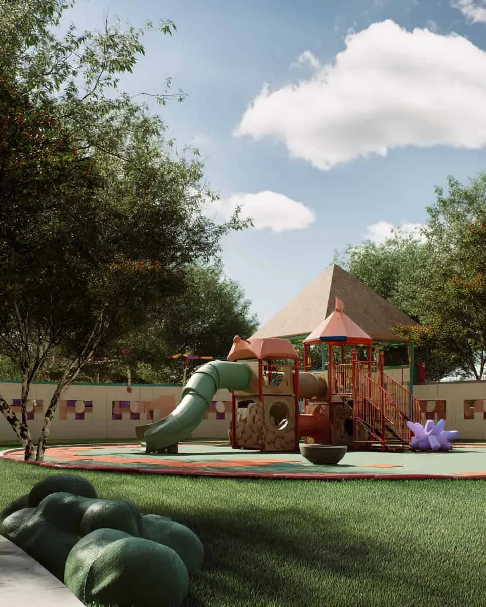 Colorful playground with slides and climbing structures, surrounded by lush green trees and a bright blue sky, in a modern outdoor residential backyard landscape design.