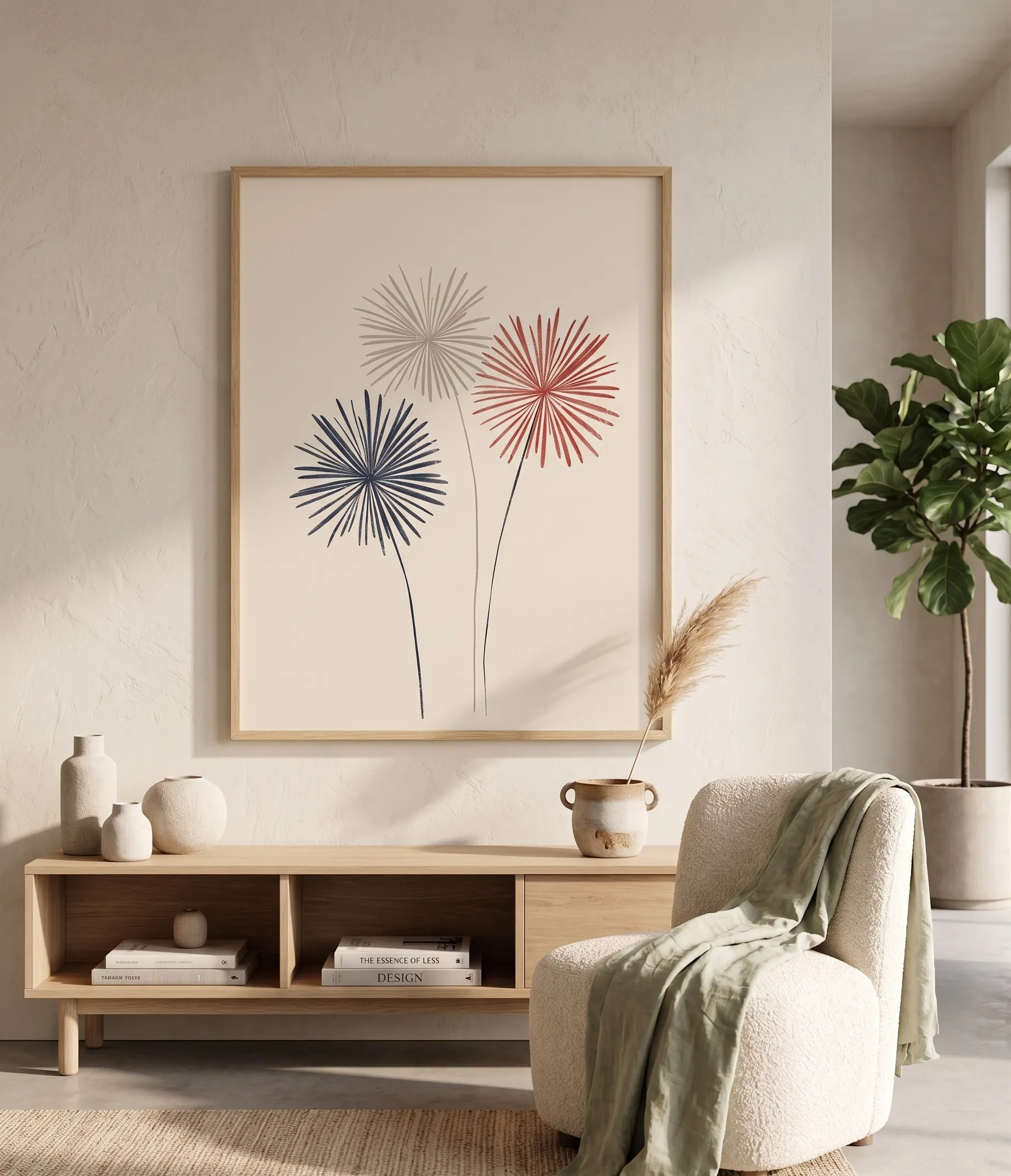 Minimalistisches Blumen-Trio-Wandbild für eine neutrale skandinavische Einrichtung Minimalistisches Wandbild mit drei zarten Blumenmotiven in gedämpften Farbtönen von Marineblau, Terrakotta und Taupe in einem neutralen skandinavischen Wohnzimmer