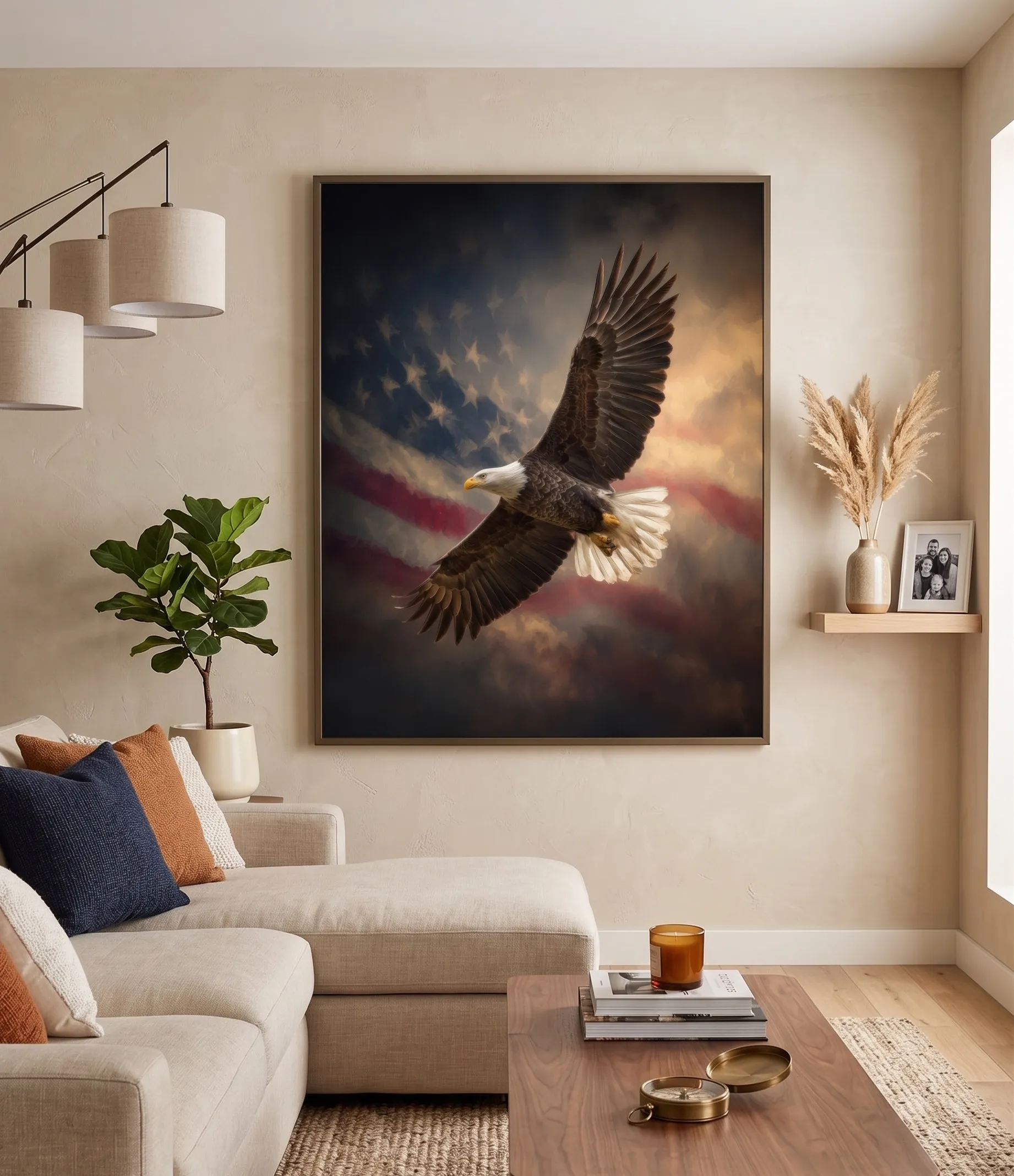 Realistische Wandkunstdruck mit grauem Adler auf einem patriotischen Hintergrund mit amerikanischer Flagge Realistischer Wandkunstdruck mit einem schwebenden Adler vor einem patriotischen Hintergrund mit amerikanischer Flagge