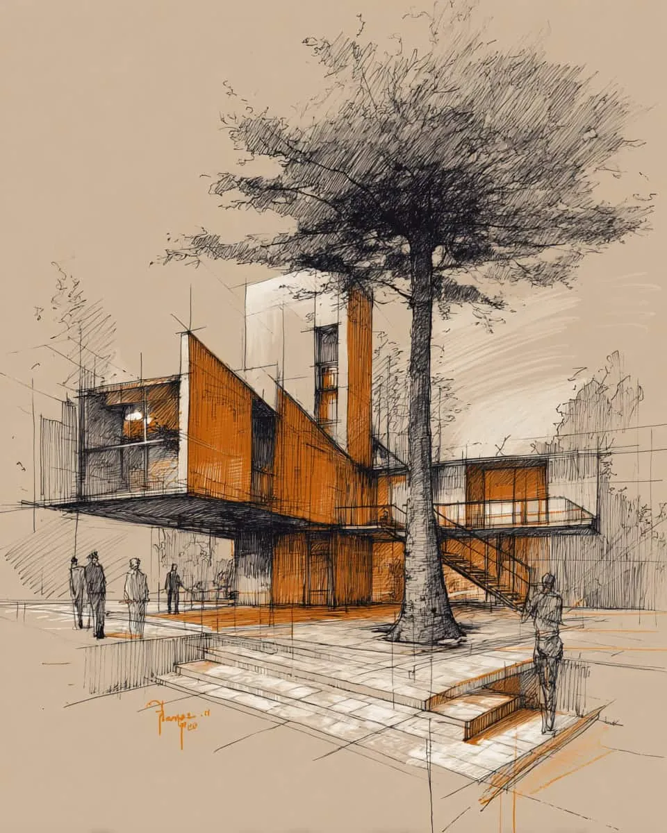 Architektonischer Entwurf eines Konzepts für ein modernes Haus Architektonischer Entwurf eines modernen Hauskonzepts mit erhöhten Baukörpern und einem zentralen Baumhof