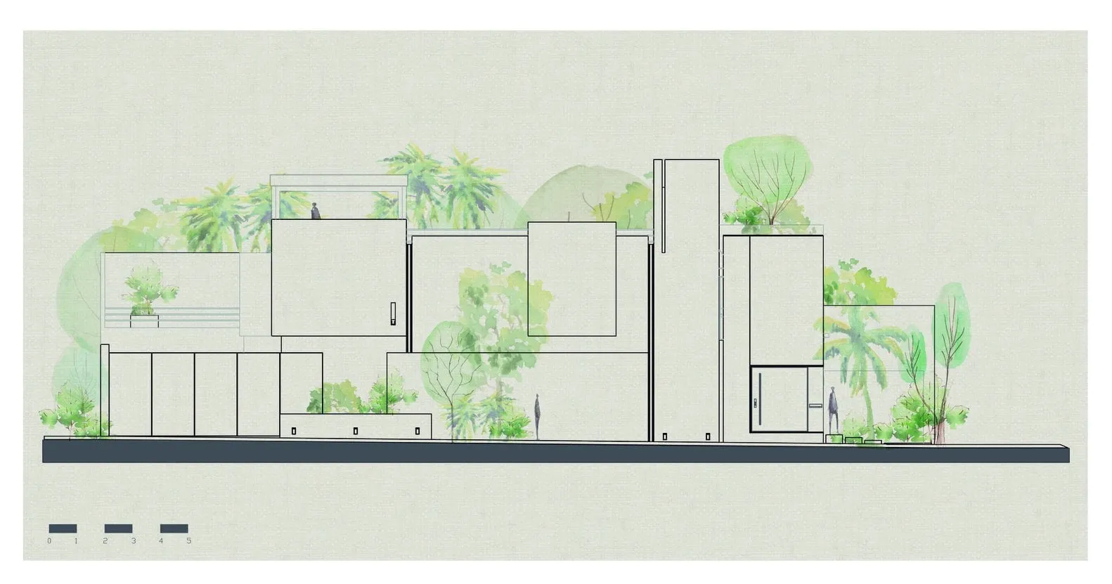Di Frenna Arquitectos设计的Atelier侧面立面图 具有现代极简风格的建筑立面,搭配茂盛的绿植与当代设计元素,展现了创新的可持续建筑与景观设计理念。