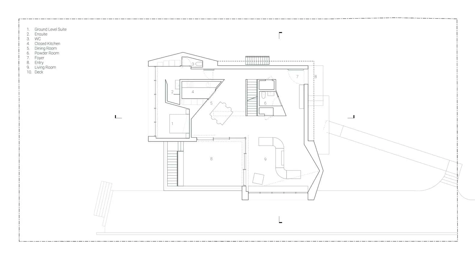 Re-folded House Main Floor Plan by McLeod Bovell Modern Houses Re-folded House main floor plan with suite, kitchen, dining, living, Vancouver