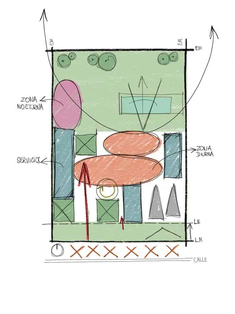House G Concept Zoning Diagram von Karlen + Clemente Farbenfroher Entwurf für Landschaftsarchitektur, der Außenbereiche zum Erholen, Grünzonen, Serviceflächen sowie Lounge-Räume zeigt – ideal für moderne Landschaftsarchitekturprojekte.