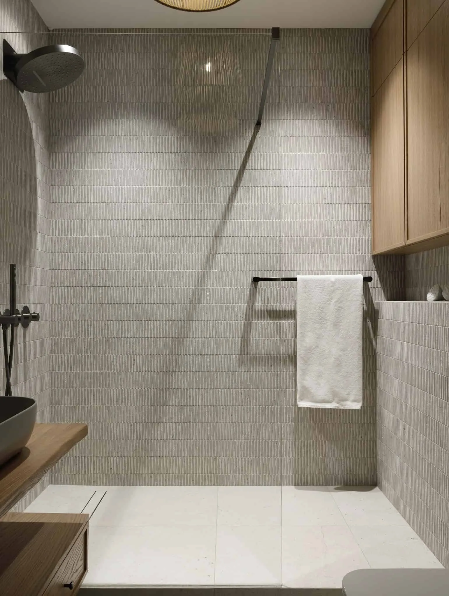 Dusche mit texturierten Fliesen in der Wohnung Lesoparkovy von STARIKOVA.ARCHITECTS Walk-in-Dusche mit texturierten Fliesen in der Wohnung Lesoparkovy von STARIKOVA.ARCHITECTS