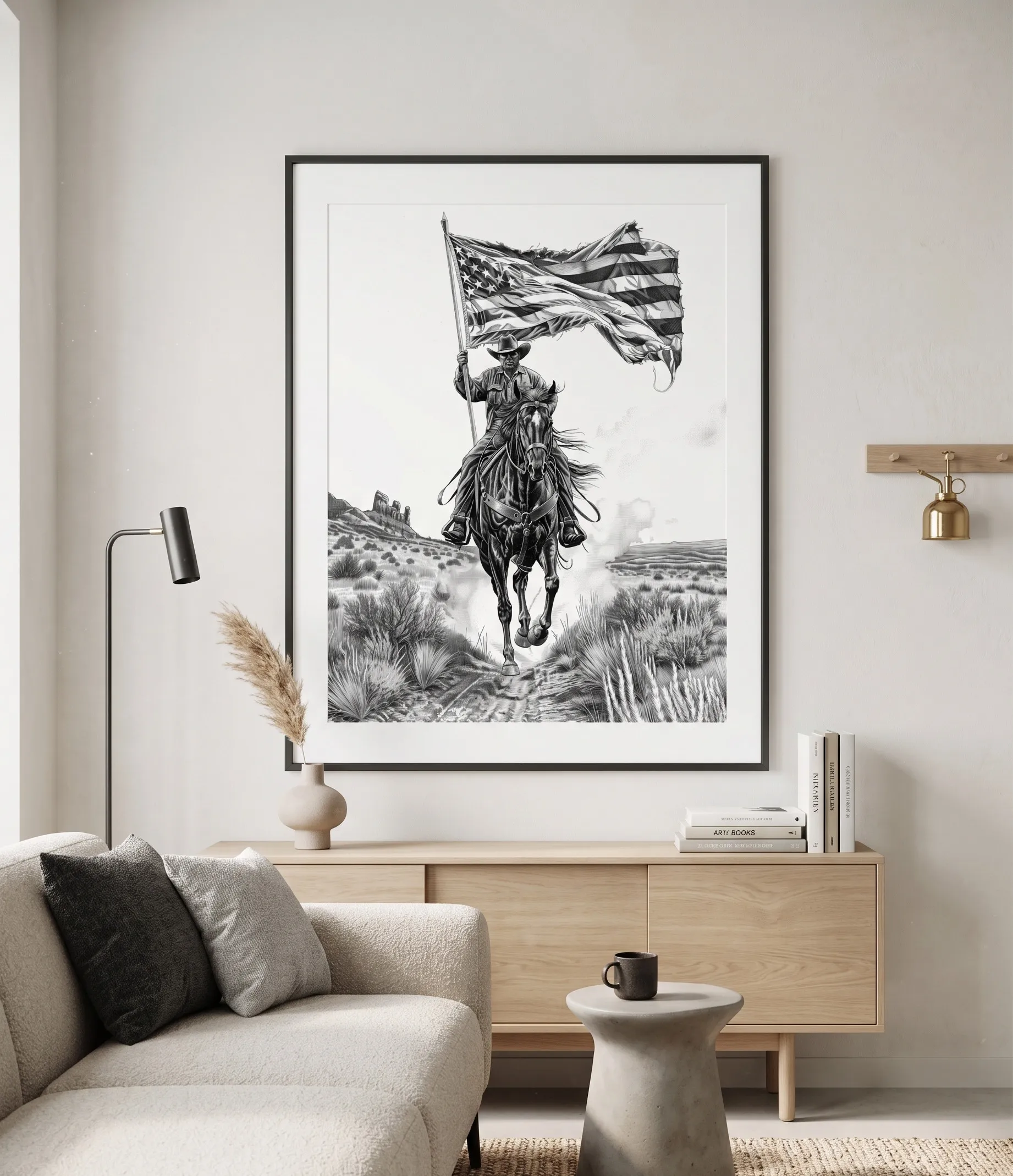 Cowboy Horse American Flag Western Black and White Wall Art Schwarzwählerische Wandkunst mit Cowboy und Pferd sowie amerikanischer Flagge in einer westlichen Wüstenlandschaft