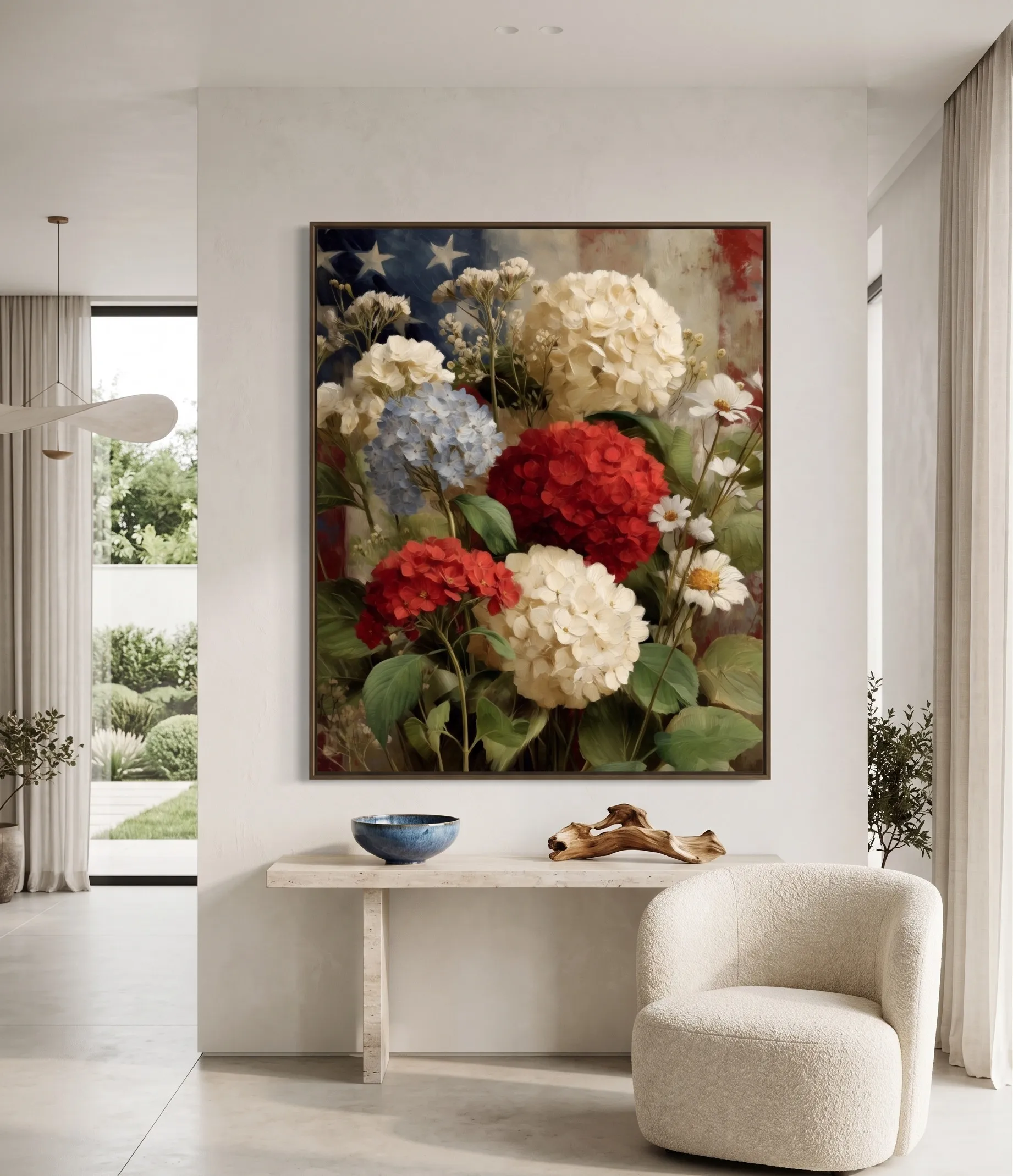 Blumiges patriotisches Wandbild mit Rot-Weiß-Blau-Hydrangeenstrauß Patriotisches Blumendekor in Rot, Weiß und Blau mit Hydrangeen sowie einem eleganten, amerikanisch inspirierten Strauß