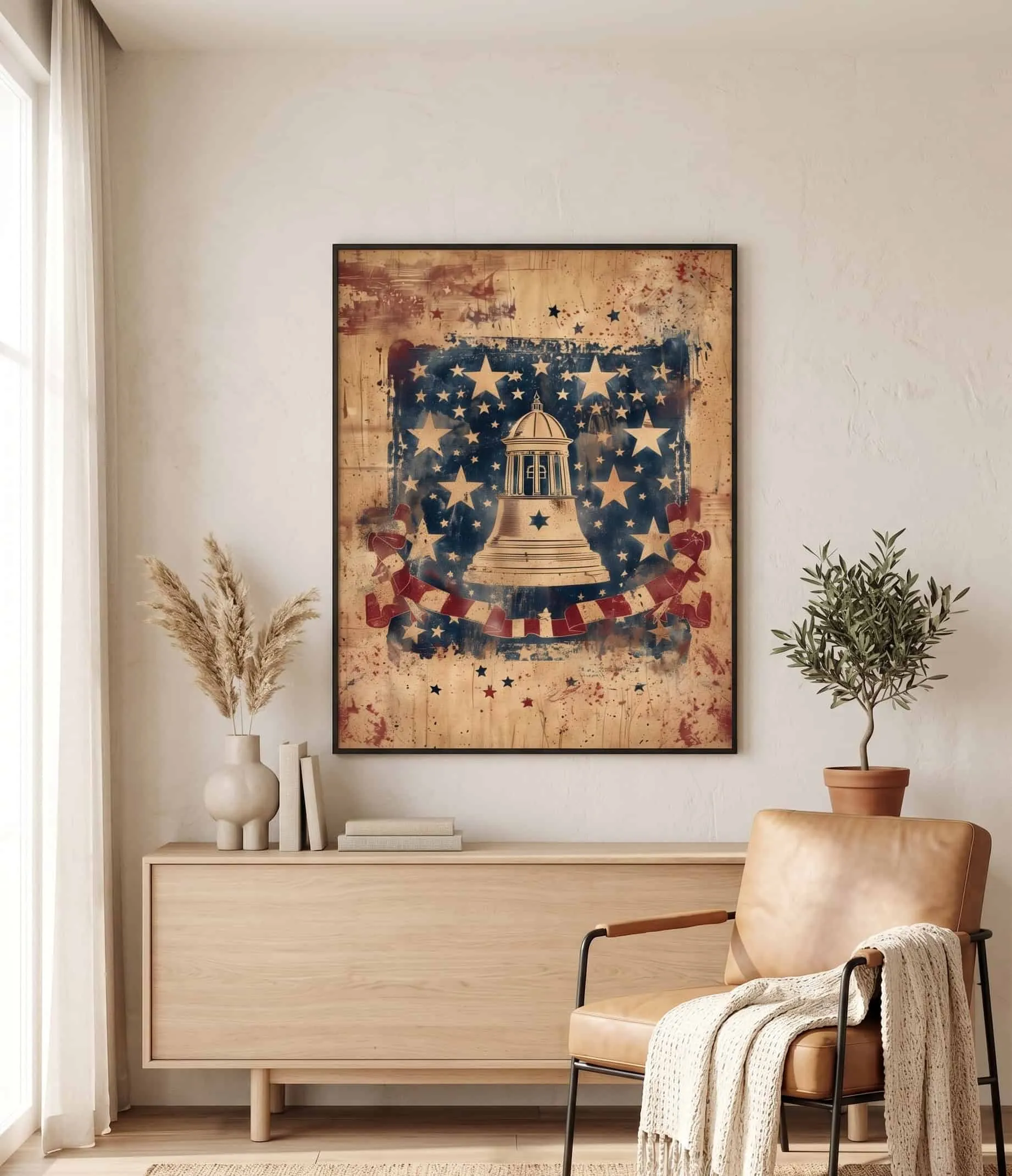 Vintage American Flag Liberty Bell Patriotic Wall Art Druck einer Wandkunst mit Vintage-Amerikanischer Flagge und Freiheitsglocke in patriotischen Farben im rustikalen Americana-Stil