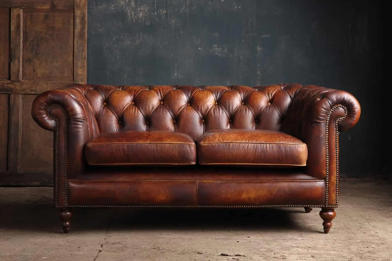 Elegant vintage brown leather Chesterfield sofa with deep button tufting and rolled arms, ideal for classic living room decor and stylish interior design.
