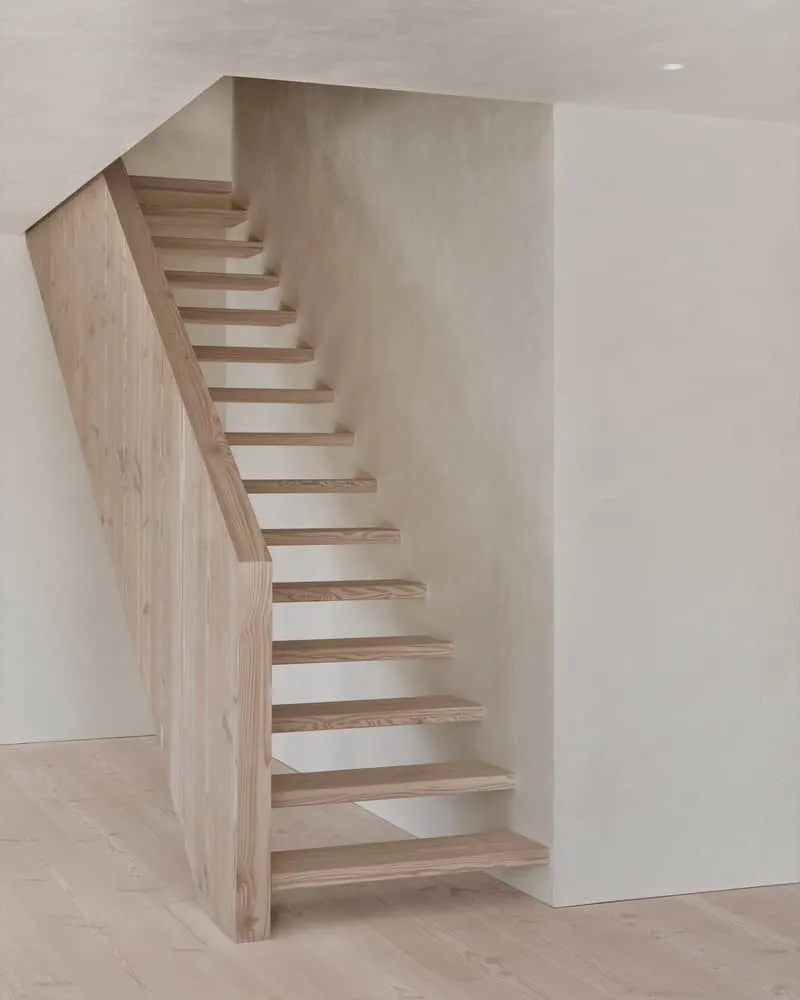 Holztreppenkonstruktion im Schwebestil von Maison Melba bei Atelier L’Abri Innenraum von Maison Melba von Atelier L’Abri mit minimalistischer Holztreppenkonstruktion im Schwebestil in Frelighsburg, Quebec