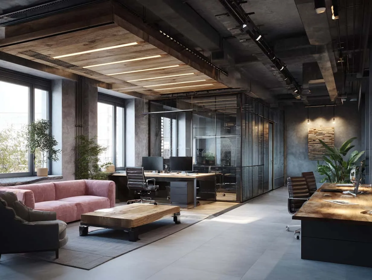 Modernes Industrie-Büroinnere mit großen Fenstern, stilvollem Mobiliar und zeitgemäßer Dekoration – mit sichtbaren Betonwänden, Holzelementen und üppigen grünen Pflanzen für einen professionellen Arbeitsplatz.