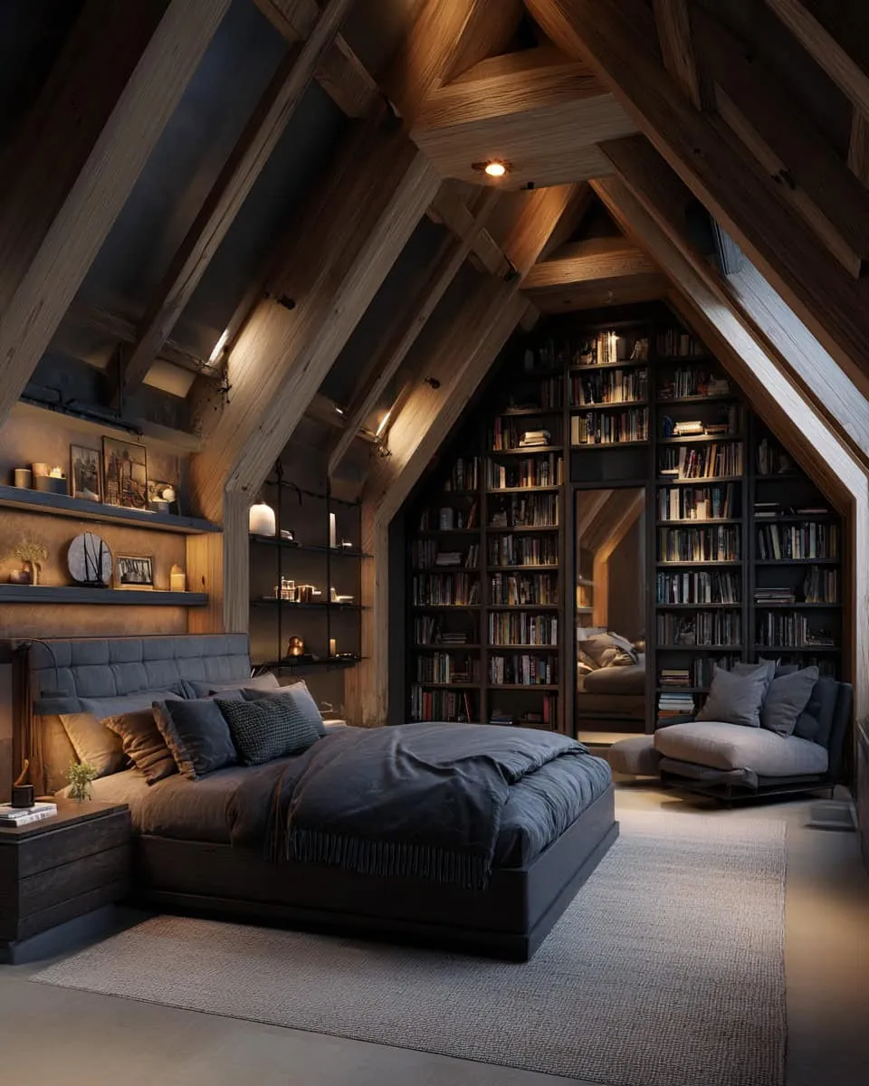 Gemütliches Dachbodenschlafzimmer mit Holzbalken und eingebauter Bibliothek Gemütliches Dachbodenschlafzimmer mit Holzbalken und eingebauter Bibliothek