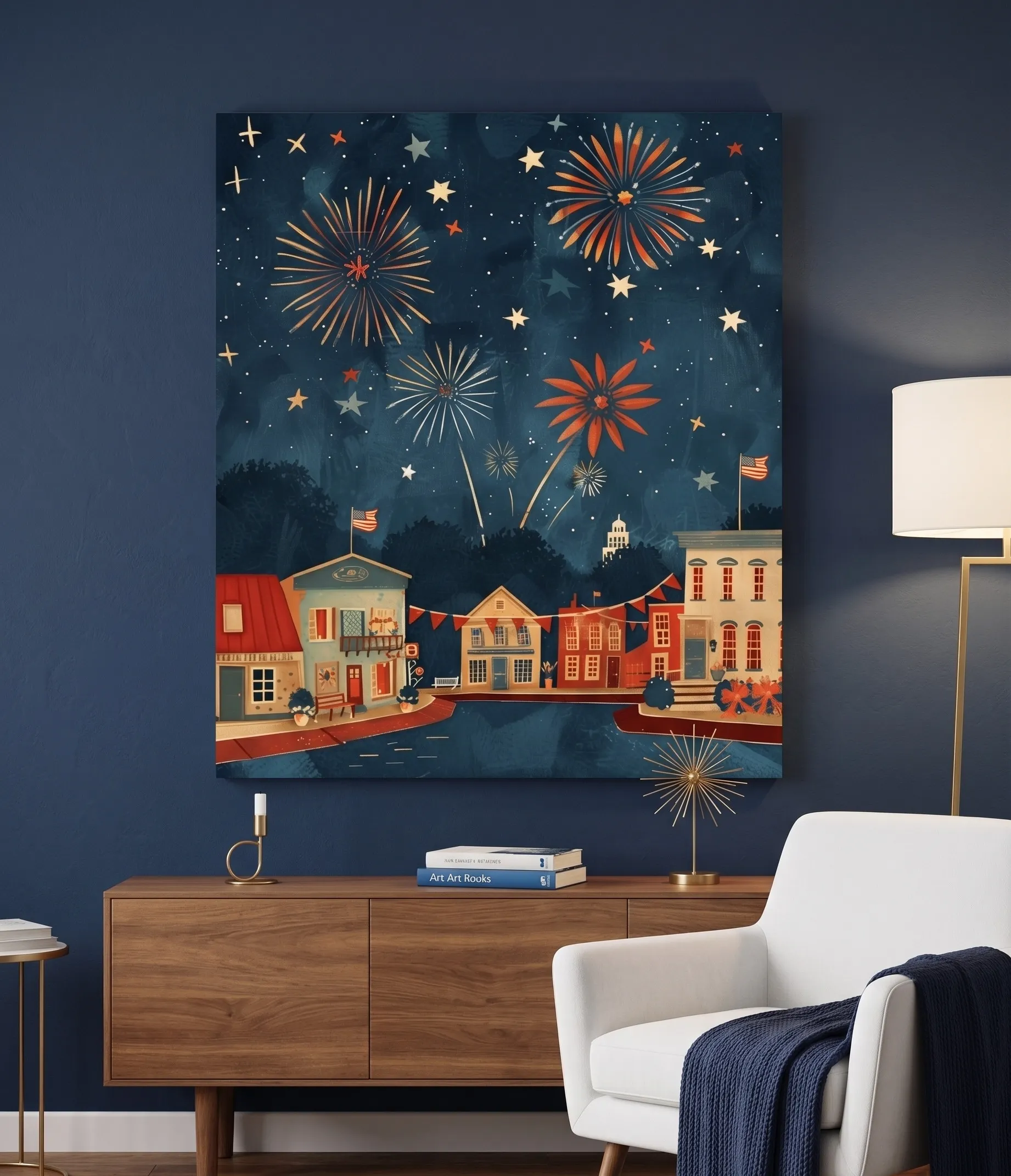 Wandbild mit Feuerwerk in einer Kleinstadt für eine patriotische Americana-Dekoration Wandbild mit Feuerwerk in einer Kleinstadt, das patriotische Häuser unter einem sternübersäten dunkelblauen Nachthimmel zeigt
